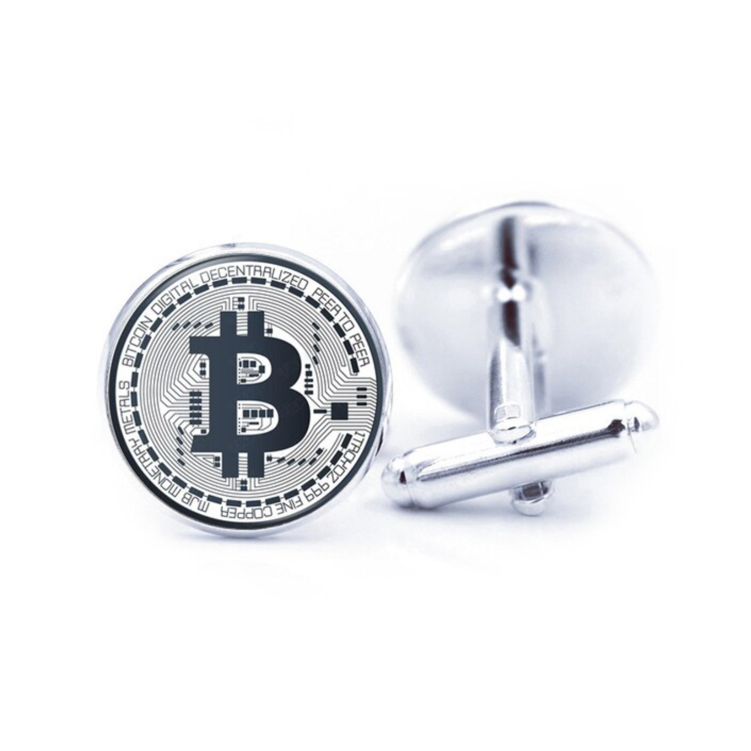 Chrome and Silver Colored Bitcoin Cufflinks