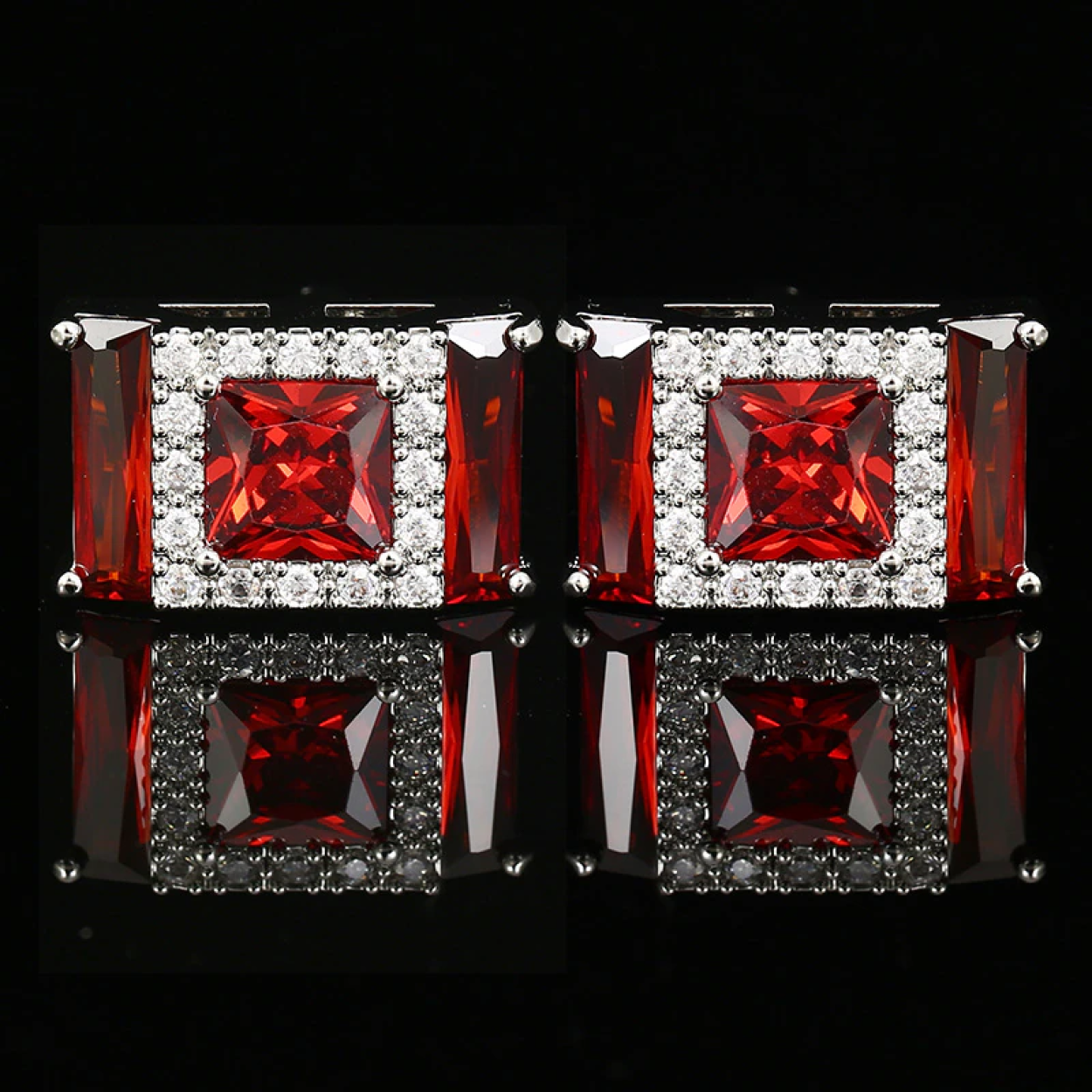 Chrome Color Rectangle Cufflinks with Red Stones