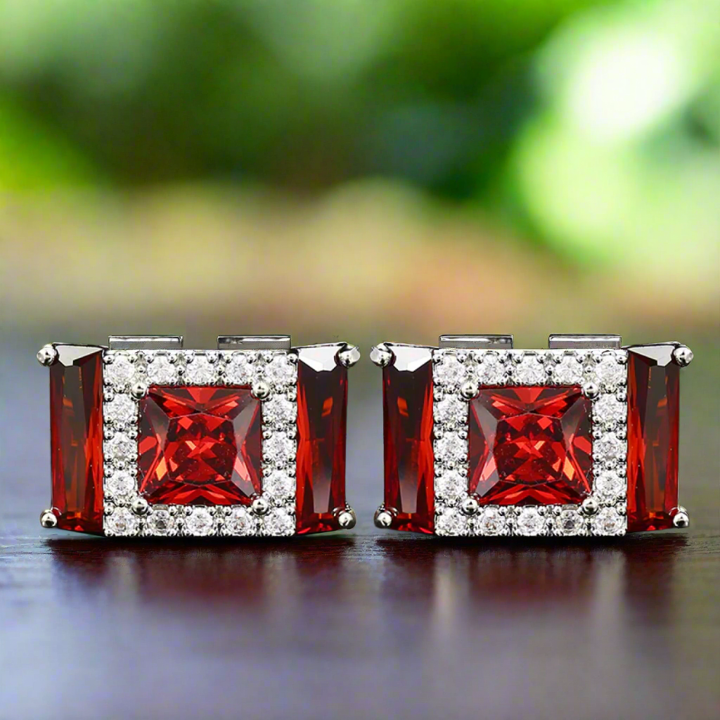 Premium Chrome Color Rectangle Cufflinks with Red Stones