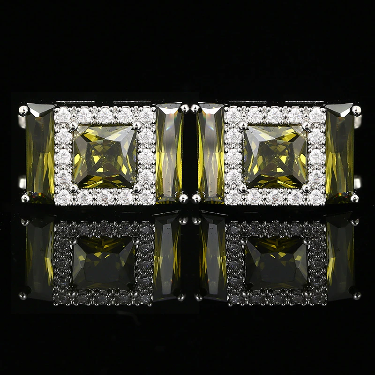 Chrome Color Rectangle Cufflinks with Yellow Green Stones
