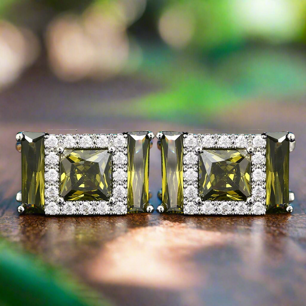 Premium Chrome Color Rectangle Cufflinks with Yellow Green Stones