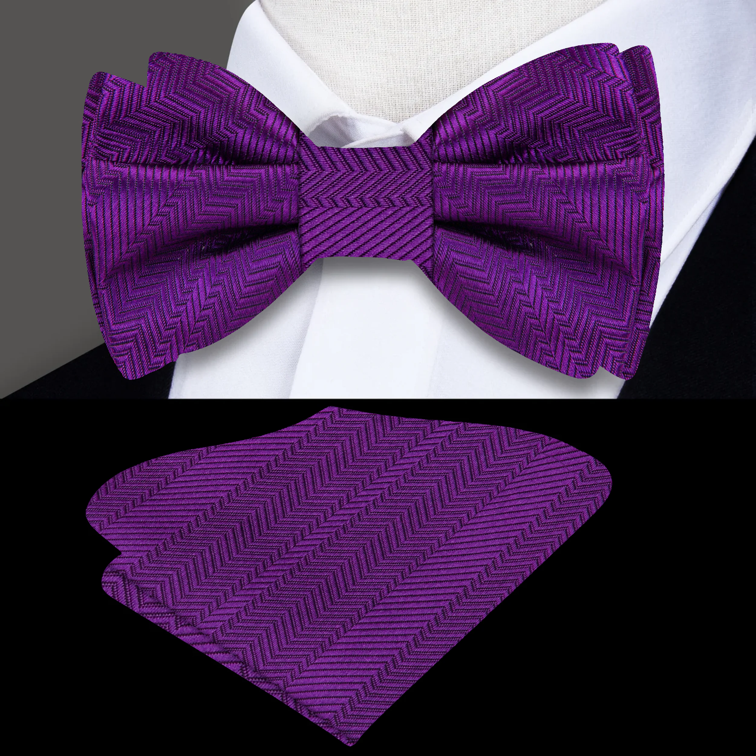 Main View: A Classy Purple Solid Pattern Self Tie Bow Tie, Matching Pocket Square