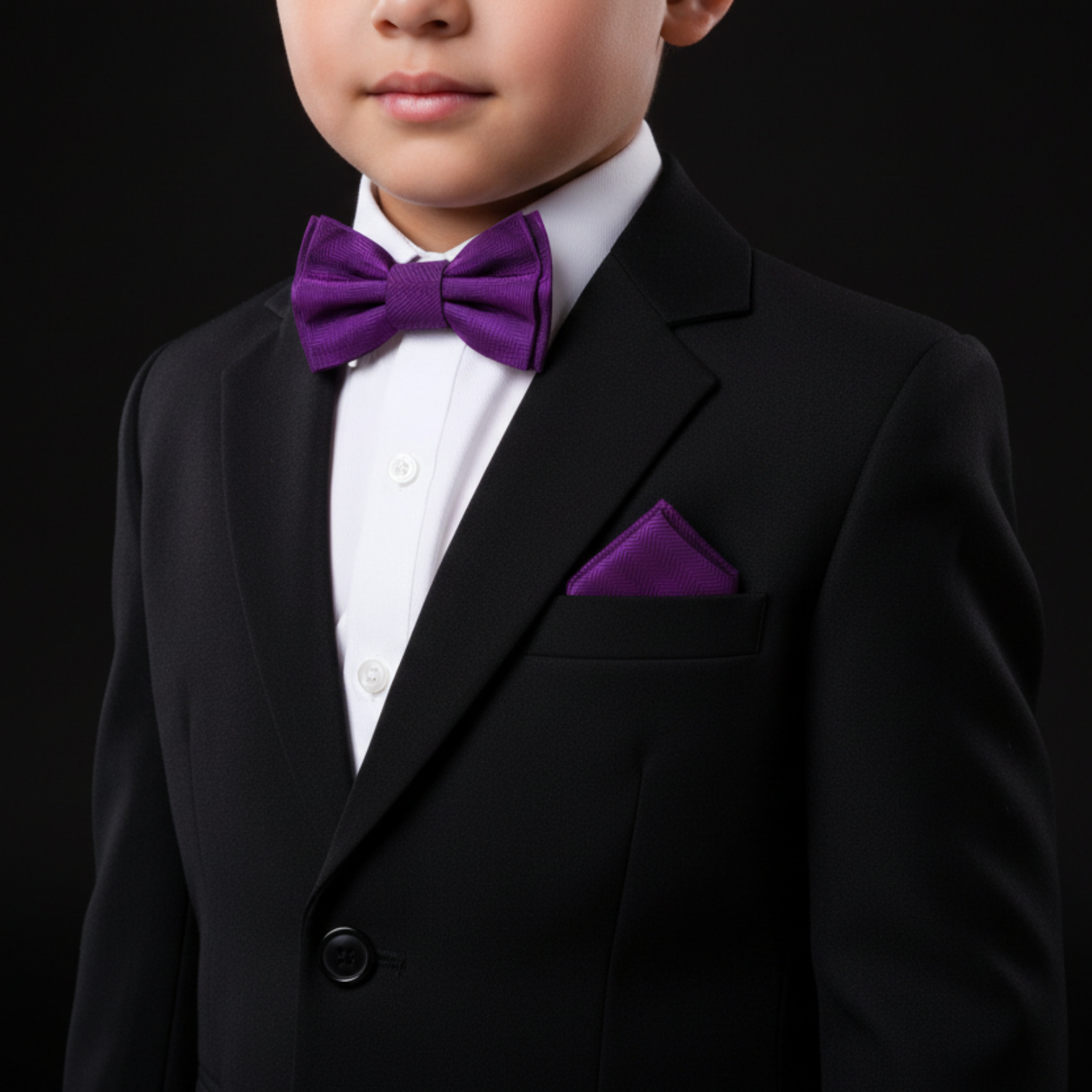 Child wearing a black suit with a purple bow tie and pocket square on a black background