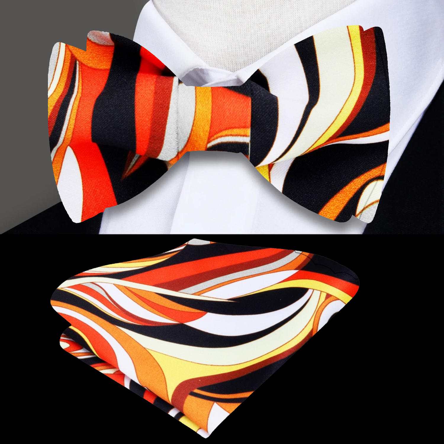 A Black, Yellow, Orange Abstract Pattern Silk Self Tie Bow Tie, Matching Pocket Square