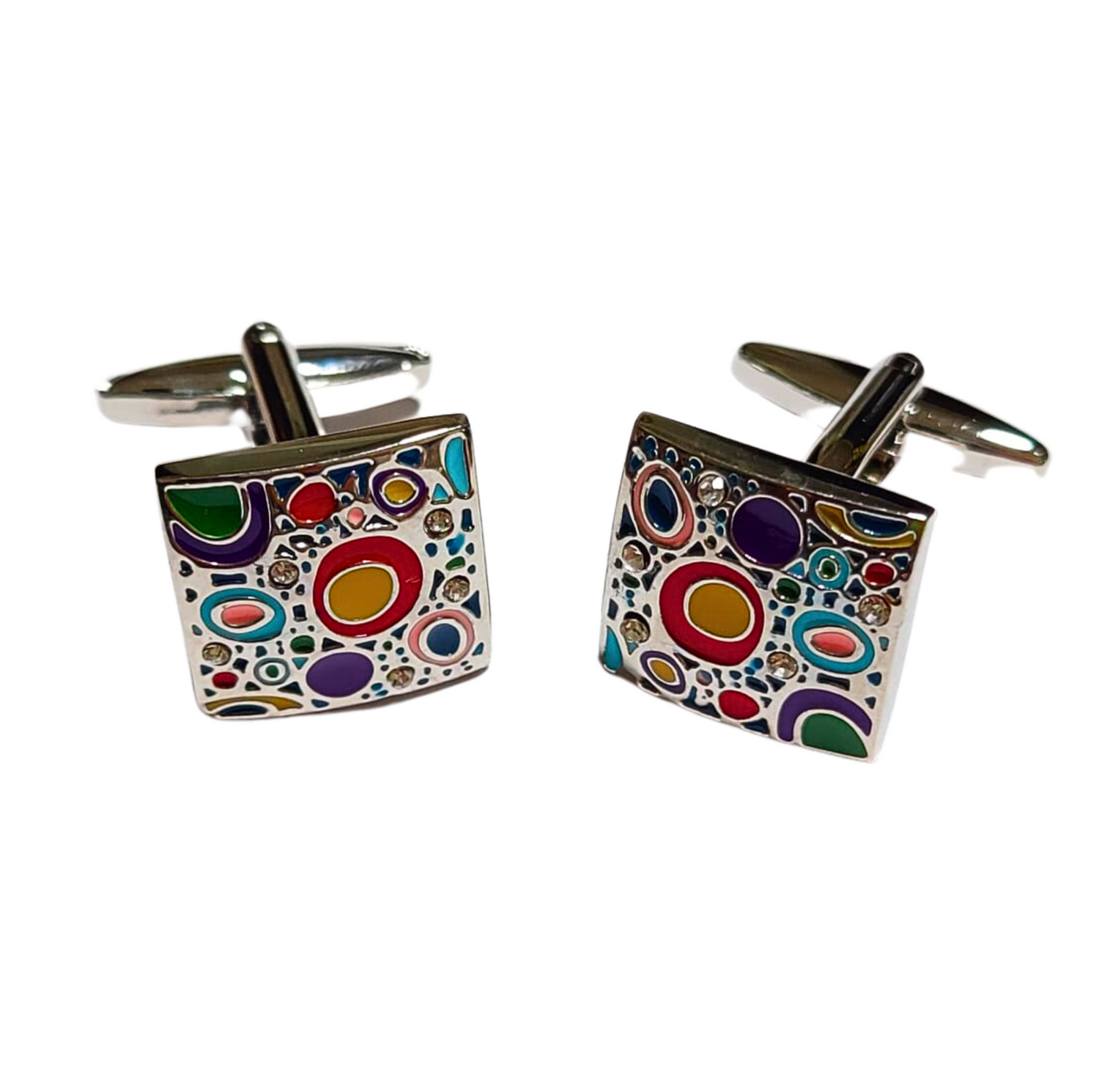 View 5: Chrome with Multiple Colorful Circles Cufflinks
