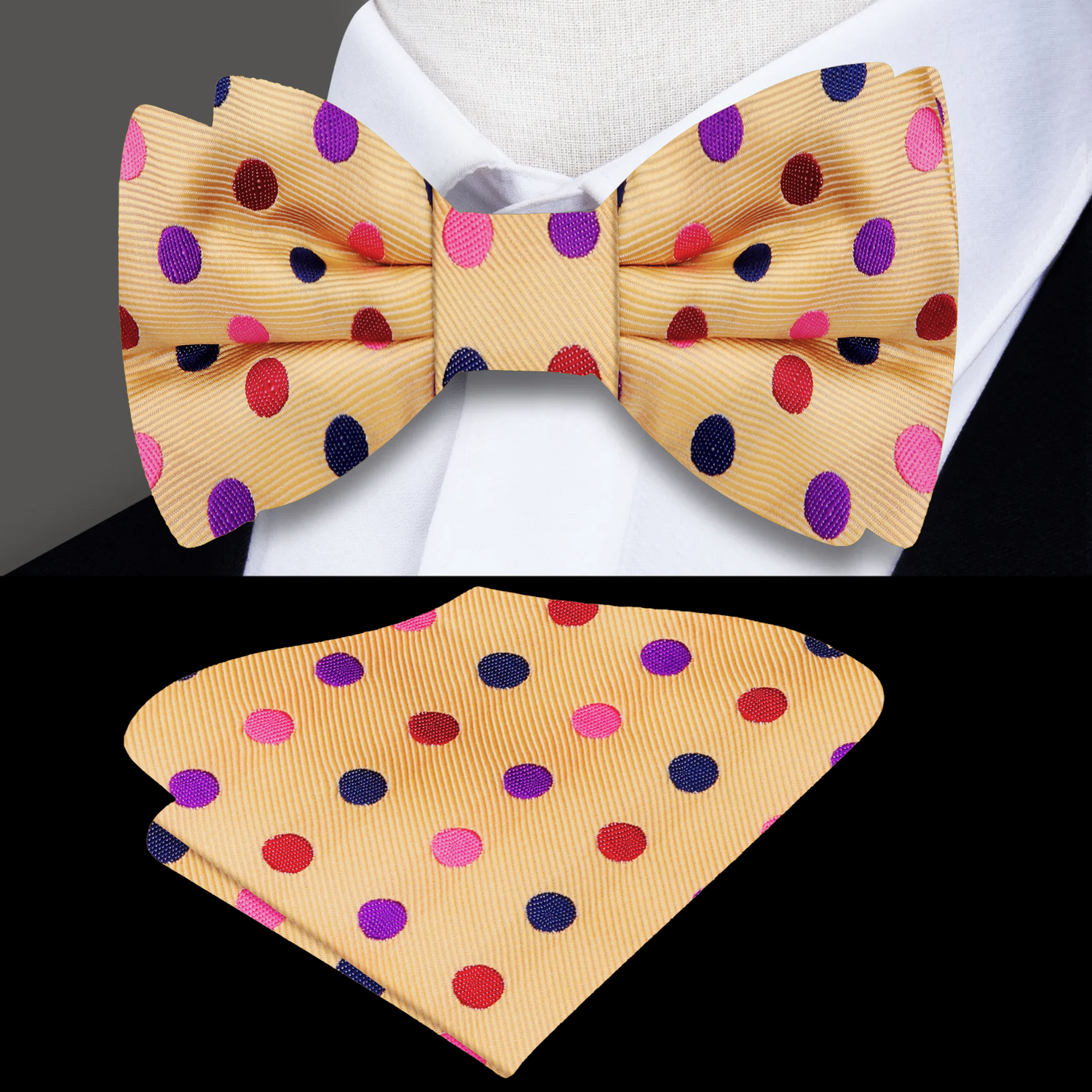 Main View: Cream Polka Bow Tie and Pocket Square