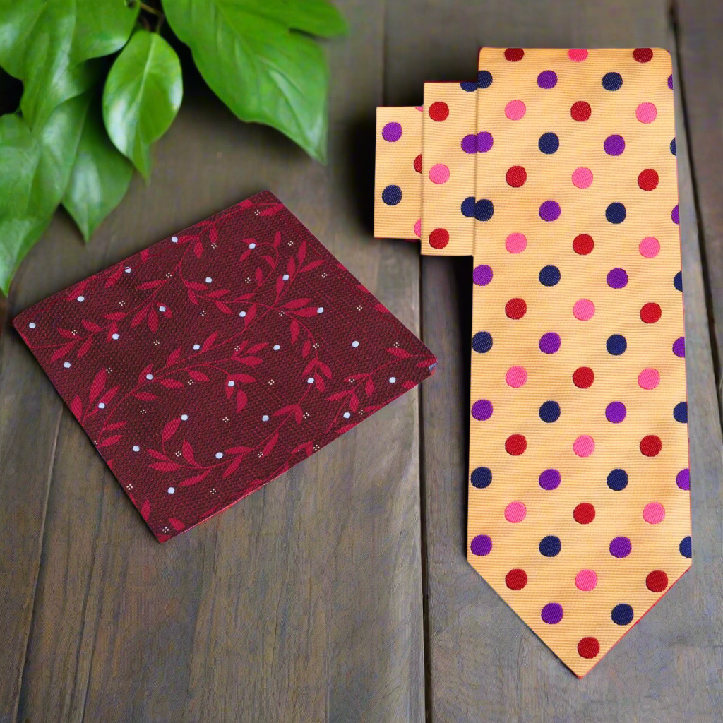 Alt: Cream with Multi Color Polka Tie and Accenting Burgundy Pocket Square