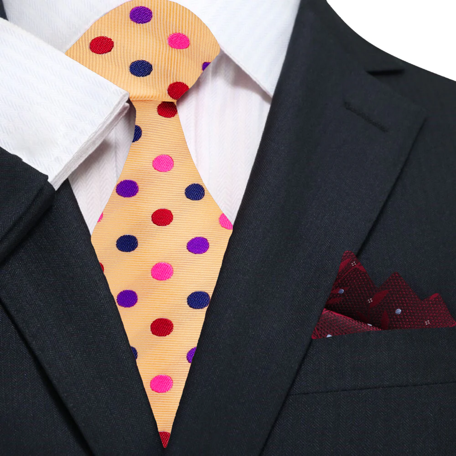 Cream with Multi Color Polka Tie and Accenting Burgundy Pocket Square