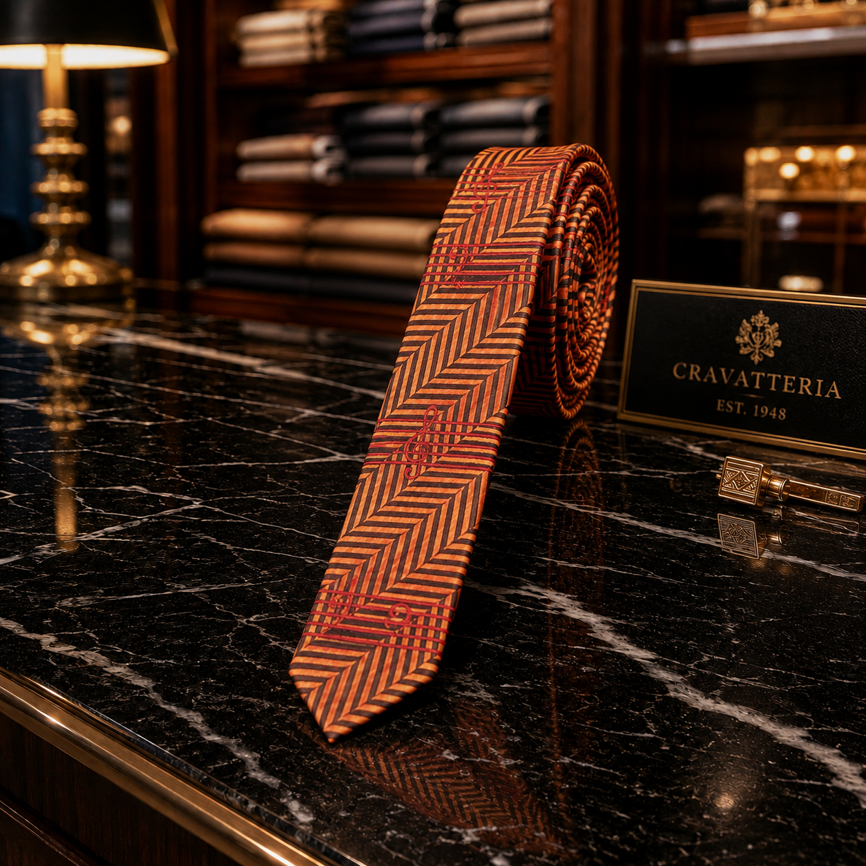 A rolled necktie with a red and brown herringbone pattern stands on a polished black marble counter in a luxury retail setting. A gold sign next to it reads 'CRAVATTERIA EST.