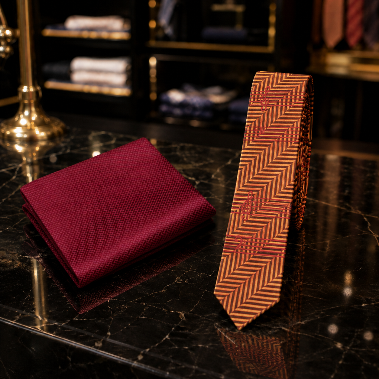 A men's necktie and matching pocket square set displayed on a dark marble surface. The pocket square is a solid deep burgundy red, while the necktie features a warm orange and brown herringbone pattern.
