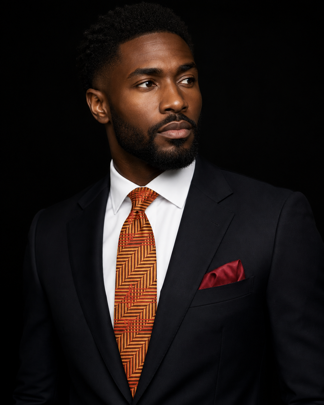 A man in a black suit, white dress shirt, and a patterned orange and brown tie with a matching red pocket square, set against a solid black background.