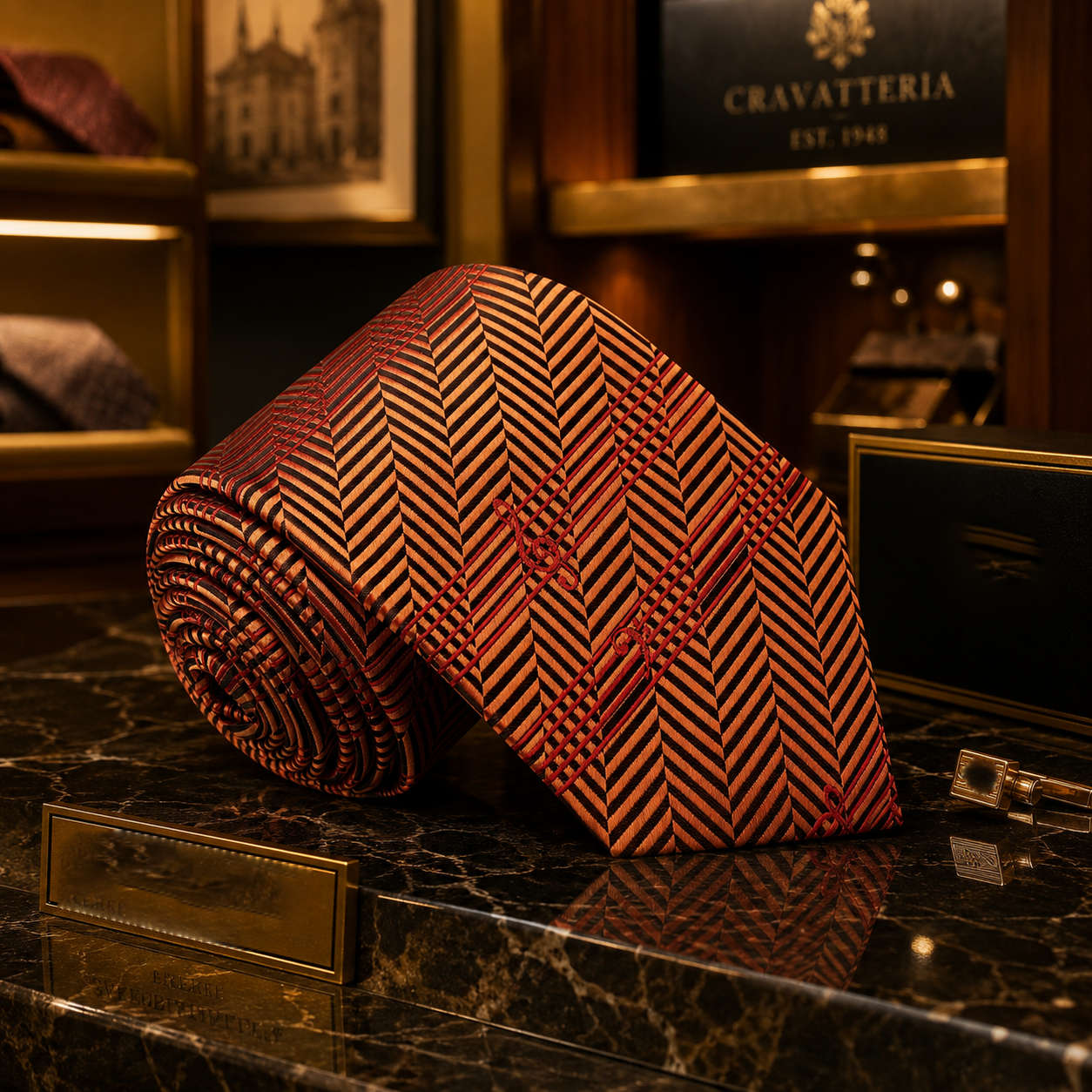 A rolled necktie with a red and black herringbone pattern sits on a polished dark marble counter inside a luxury retail display. A Cravatteria sign is visible in the background.
