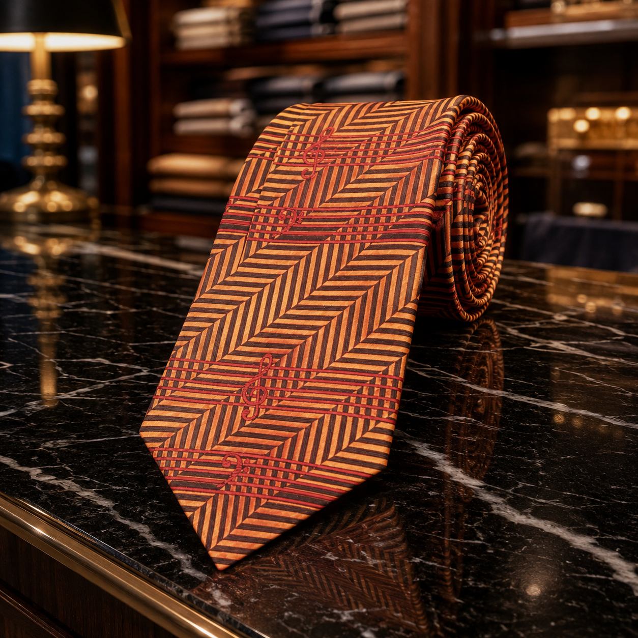 A rolled and laid-flat necktie with a herringbone and grid pattern in orange, red, and brown tones, displayed on a polished black marble surface in a warm, upscale interior setting.