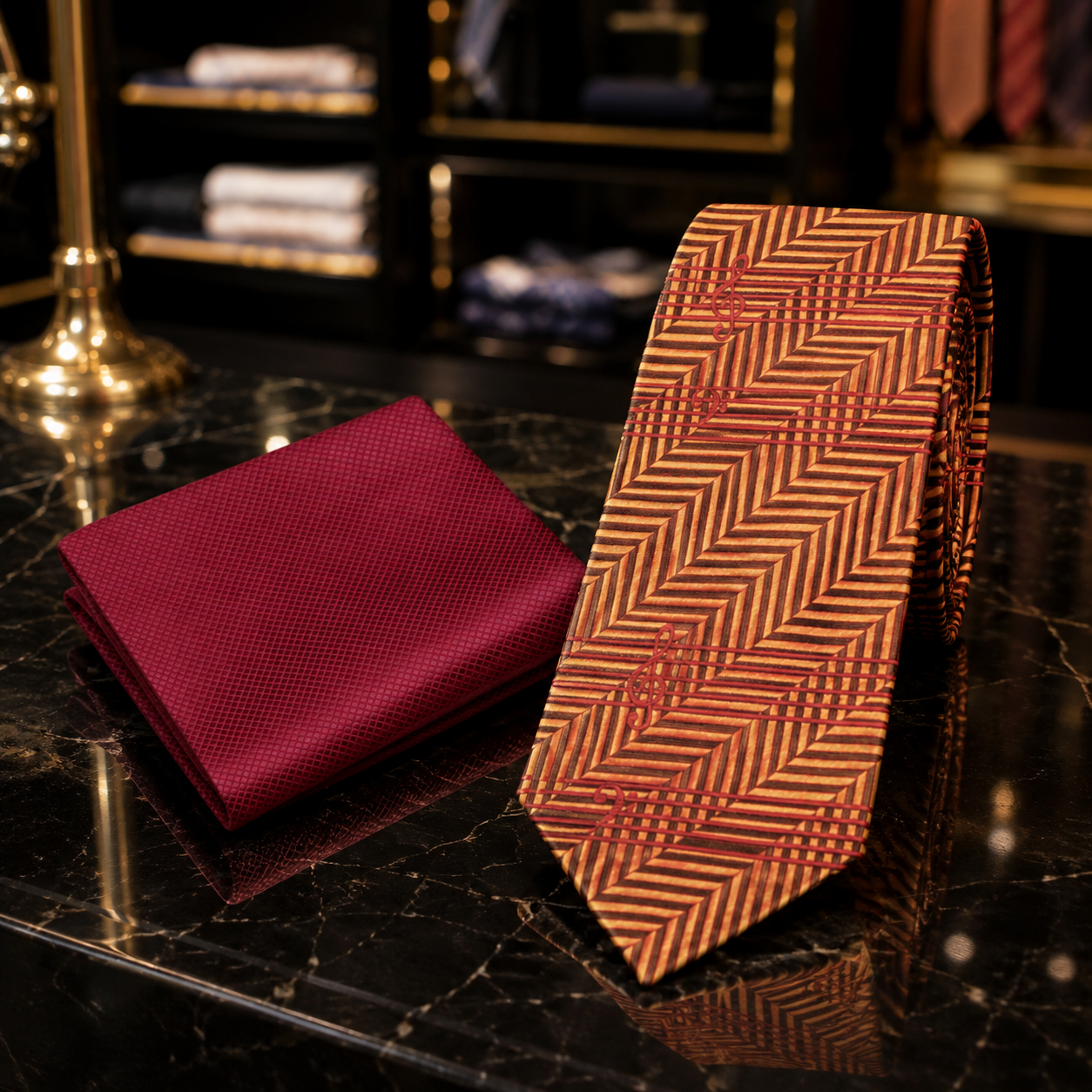 A men's necktie with a rust-orange and brown herringbone pattern, displayed next to a matching folded pocket square in deep burgundy on a polished black marble surface.