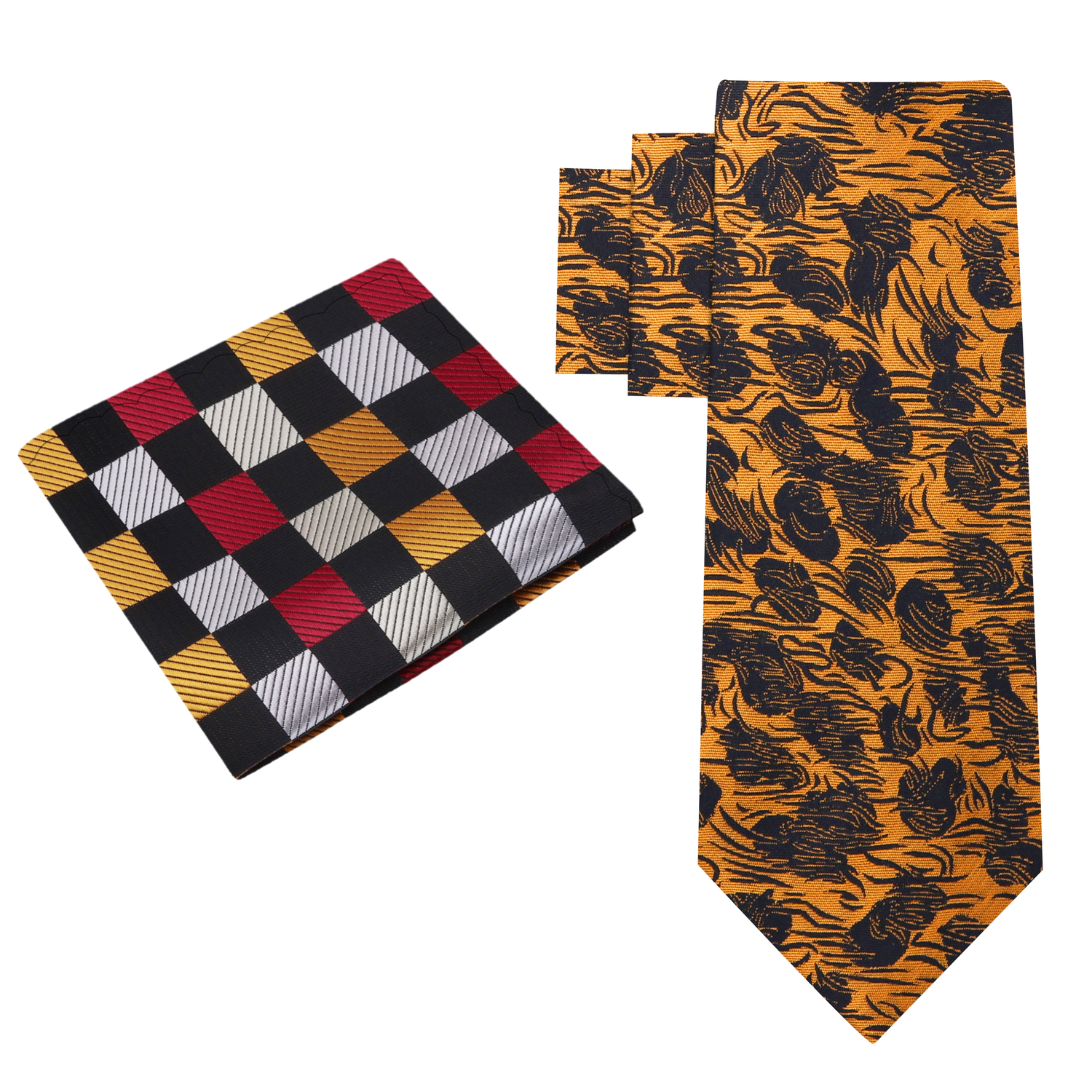 Alt View: Copper Orange and Black Abstract Tie and Silver, Copper, Black, Burgundy Check Square
