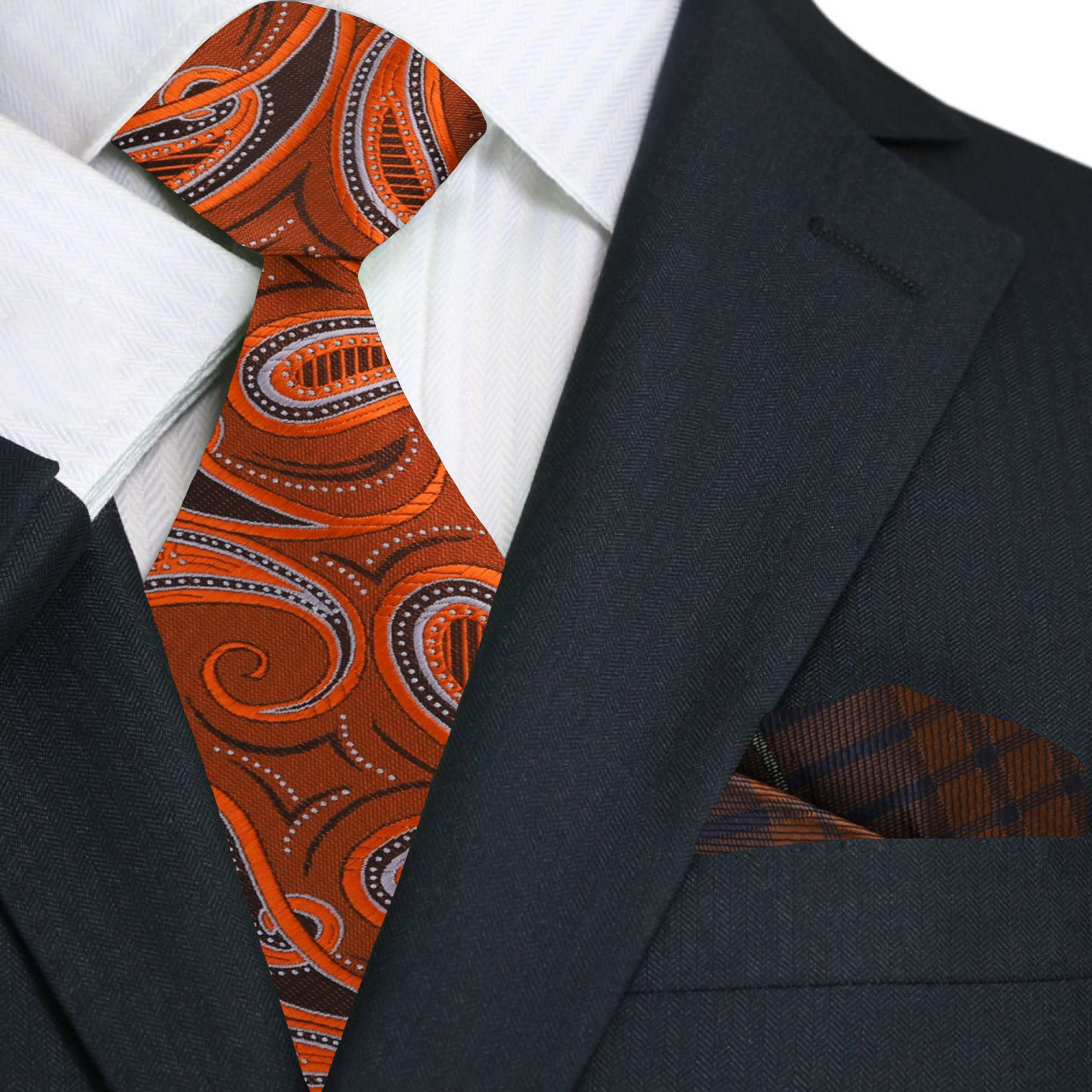 Premium Orange and Brown Paisley Necktie and Brown and Blue Plaid Square