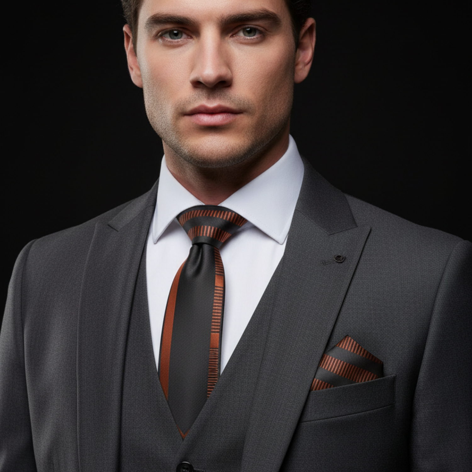 Man wearing a gray suit with a black and brown striped tie against a black background