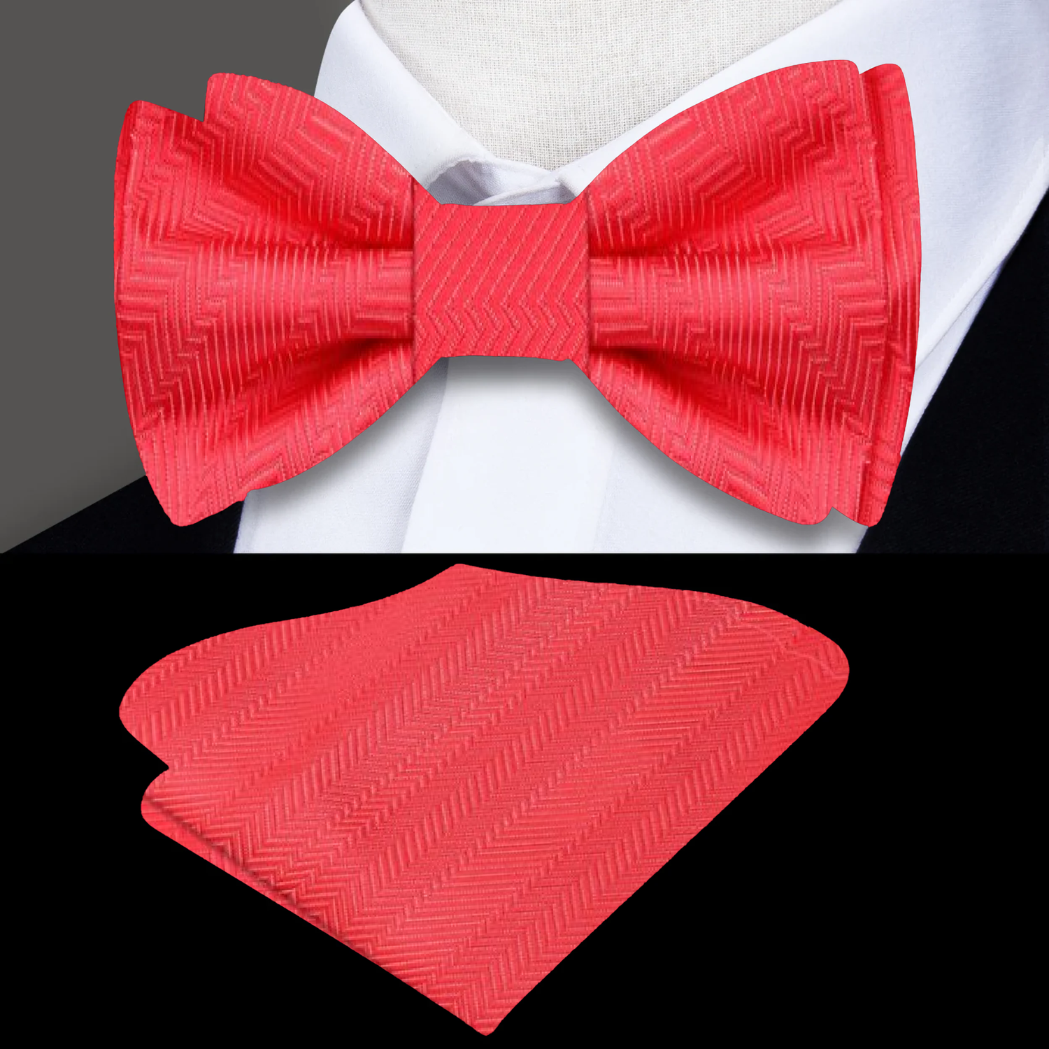 Main: A Coral Solid Pattern Self Tie Bow Tie, Matching Pocket Square||Vibrant Coral
