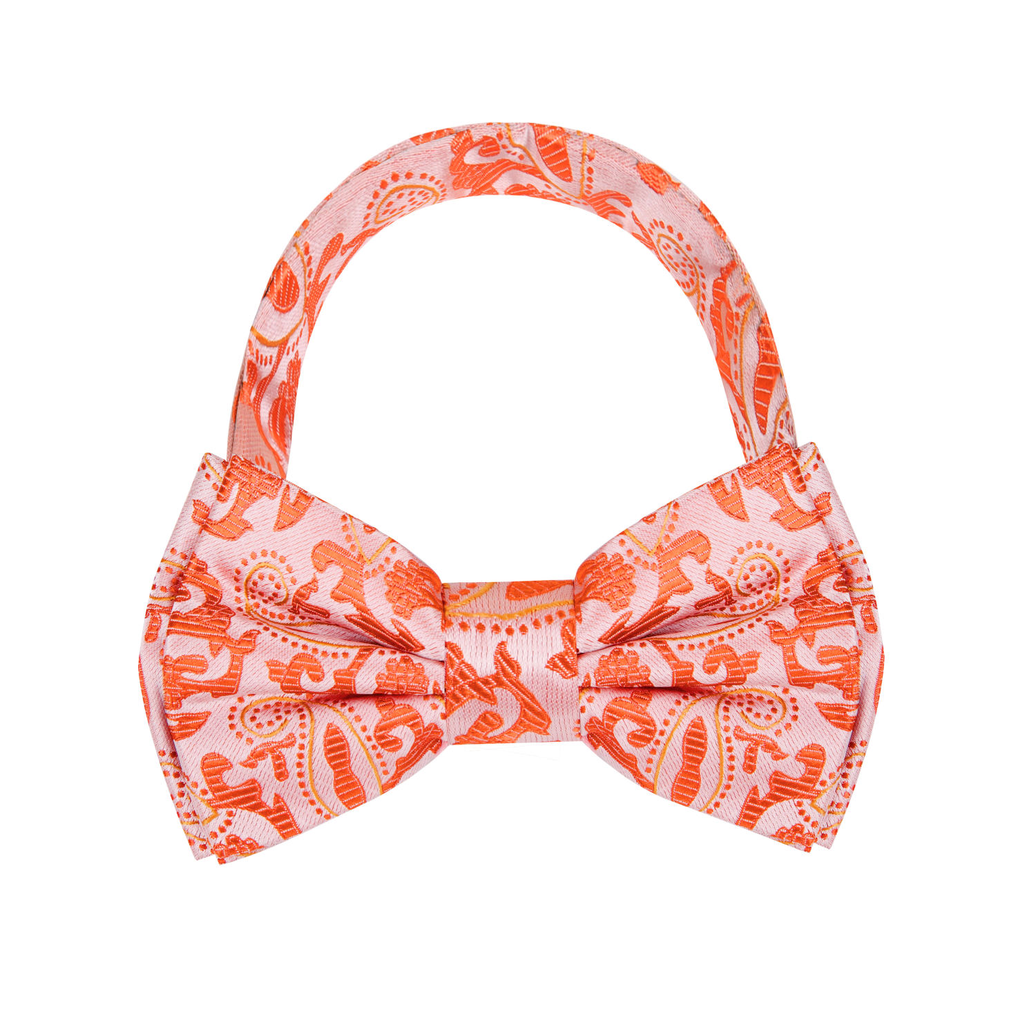 A Coral, Orange Paisley Pattern Silk Bow Tie pre Tied