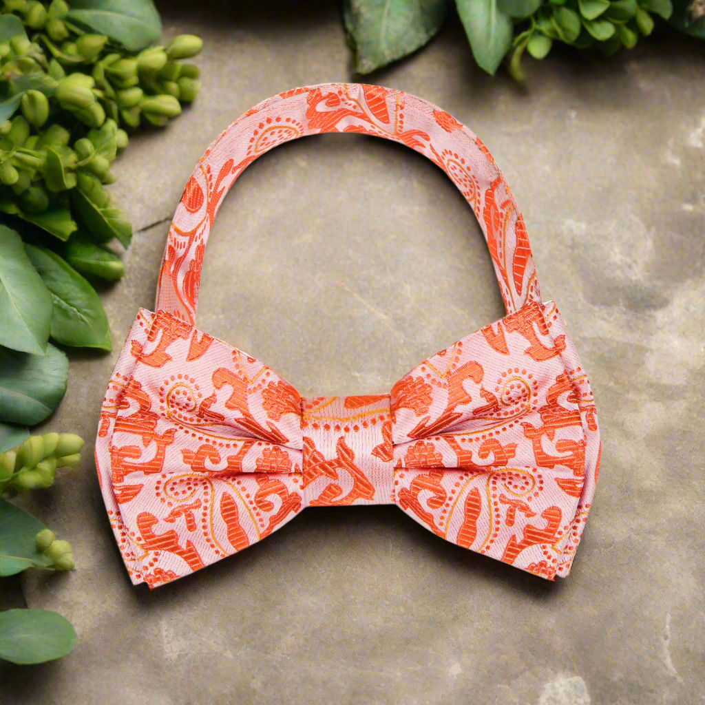 A Coral, Orange Paisley Pattern Silk Bow Tie pre Tied