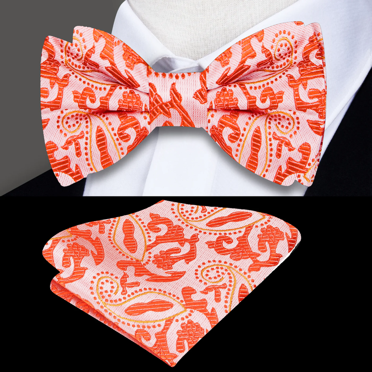 A Coral, Orange Paisley Pattern Silk Bow Tie, Matching Pocket Square
