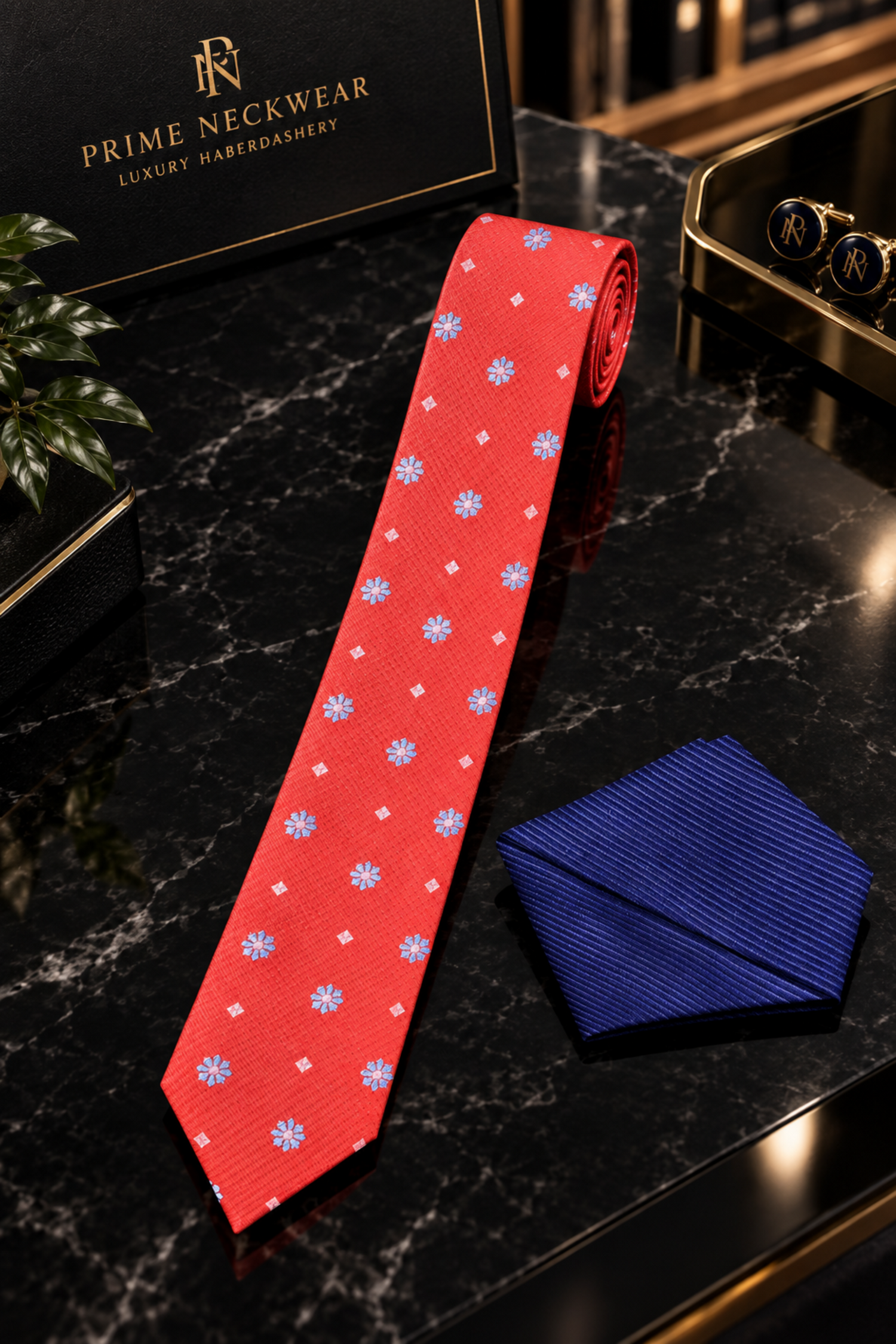 Red Small Flowers Thin Tie and Blue Square
