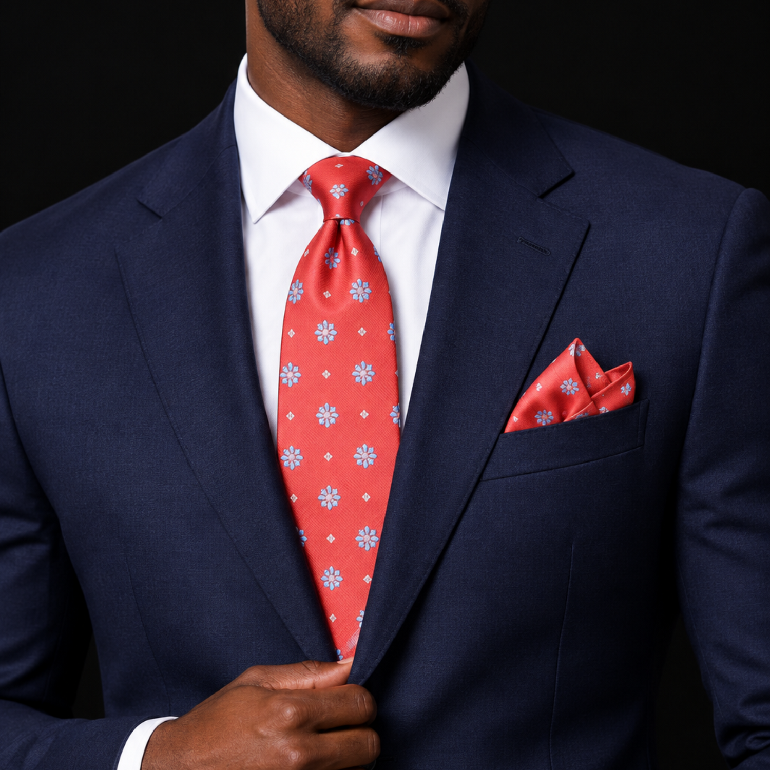 Red Small Flowers Tie and Square on man