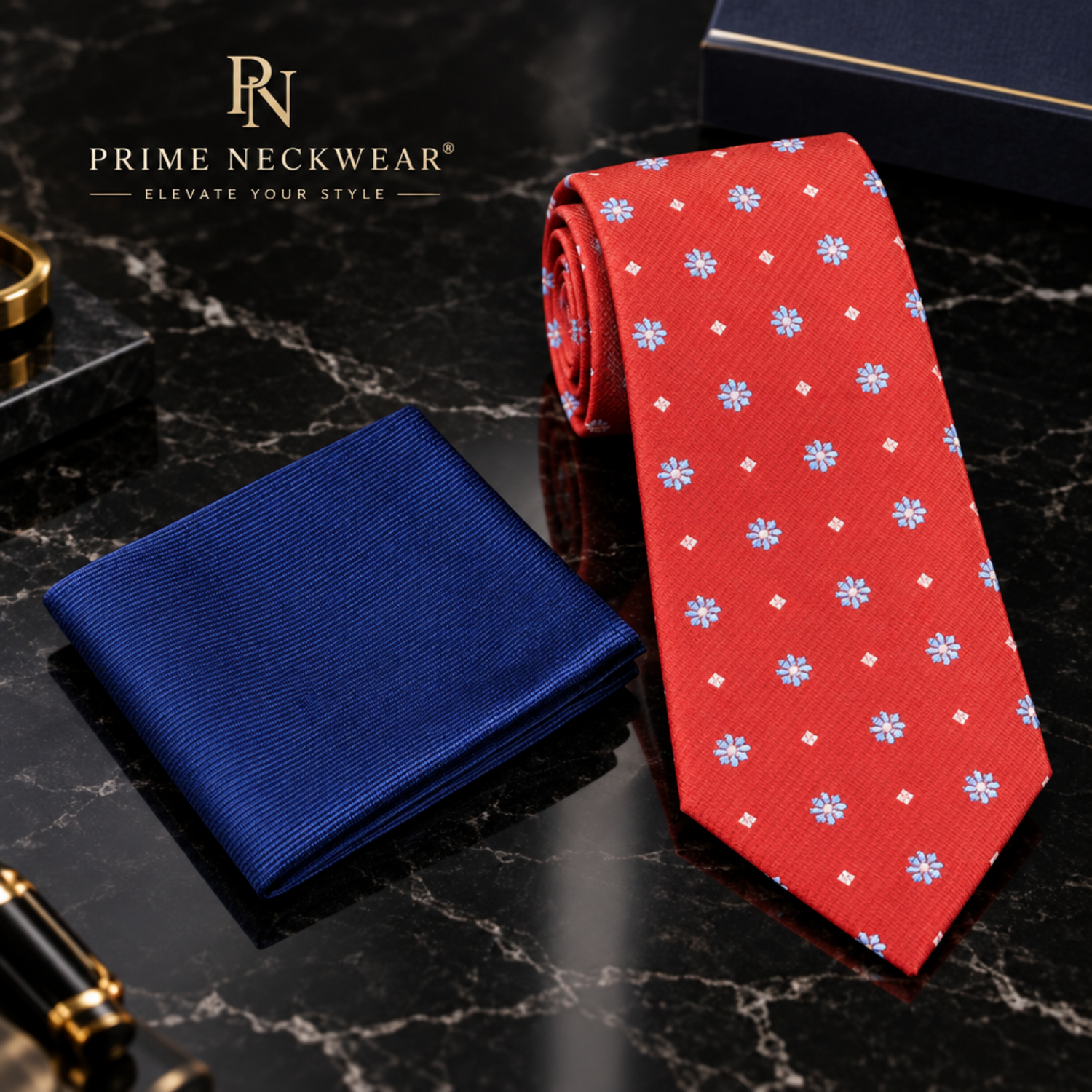 Red Small Flowers Tie and Blue Square