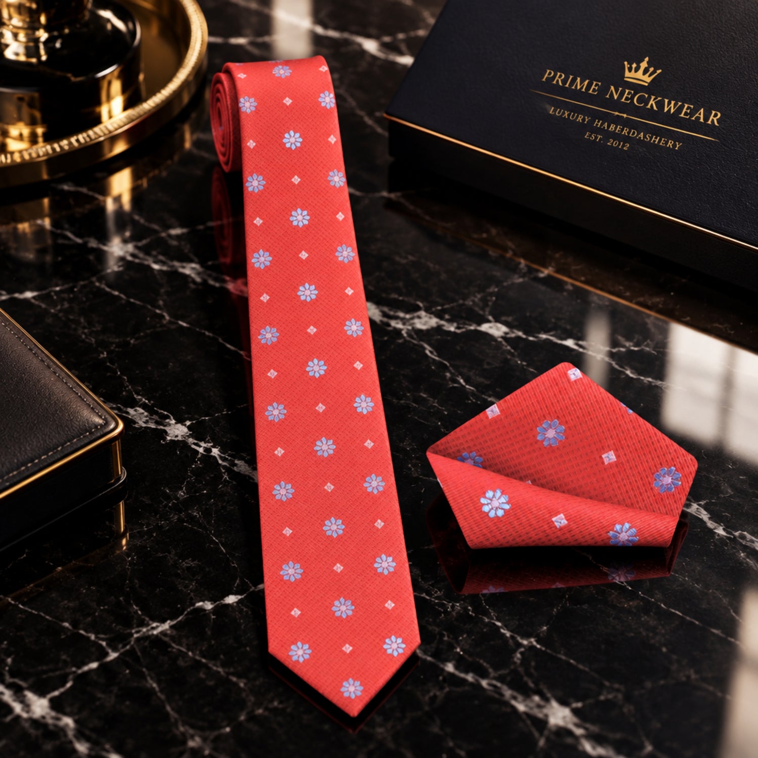 Red Small Flowers Thin Tie and Square
