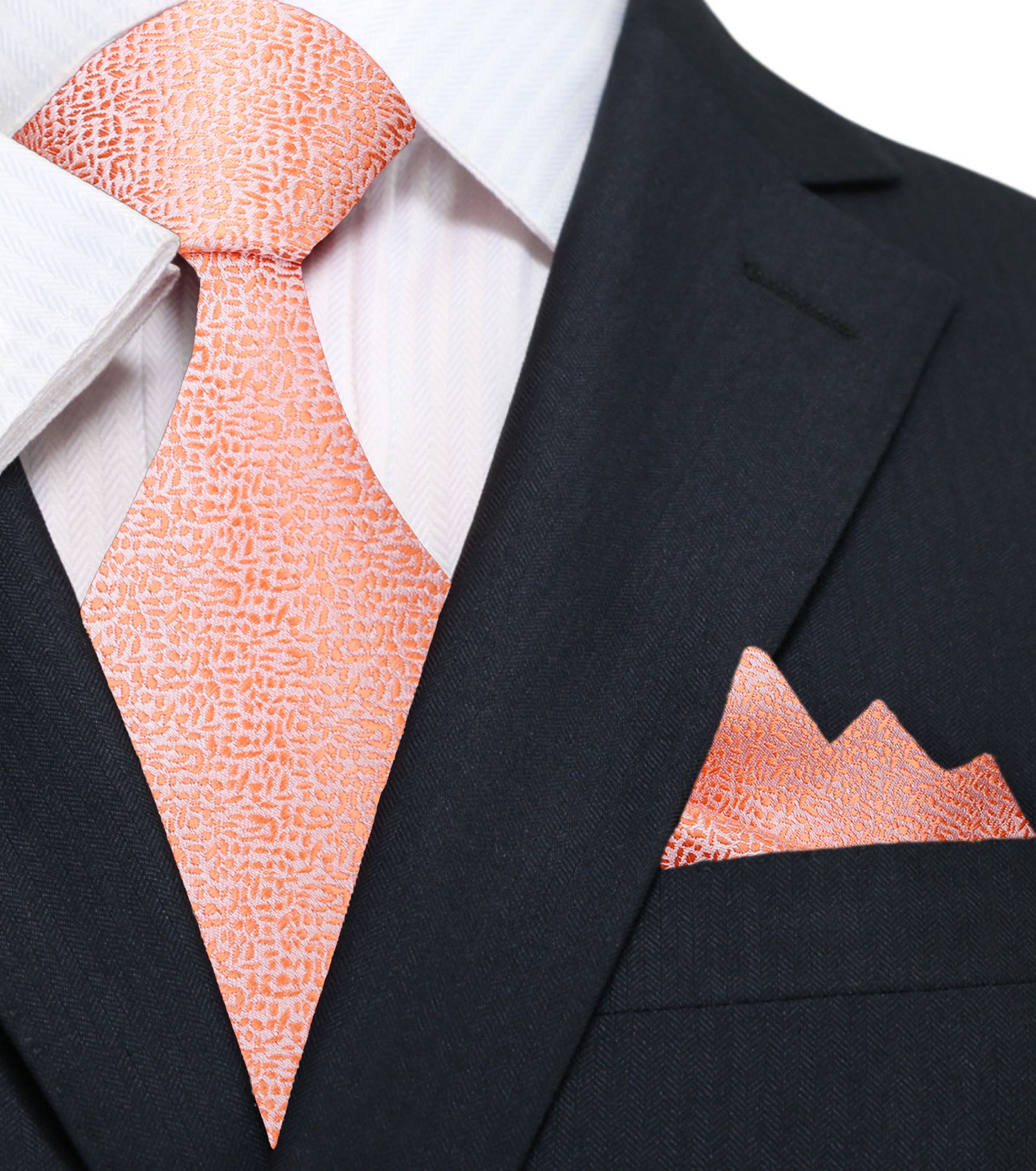 A Solid Coral Shimmer Pattern Silk Necktie, Matching Pocket Square