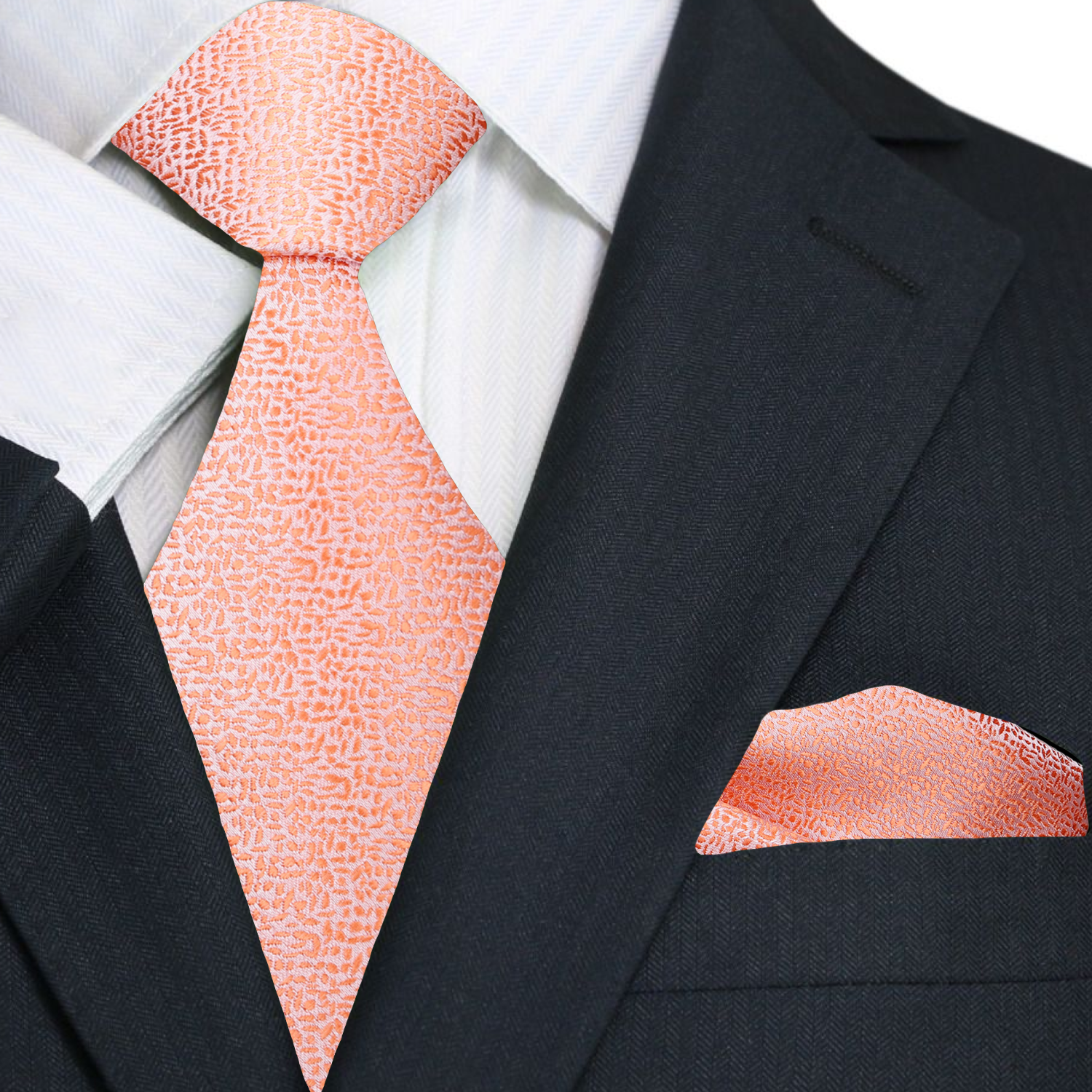 A Solid Coral Shimmer Pattern Necktie, Matching Pocket Square