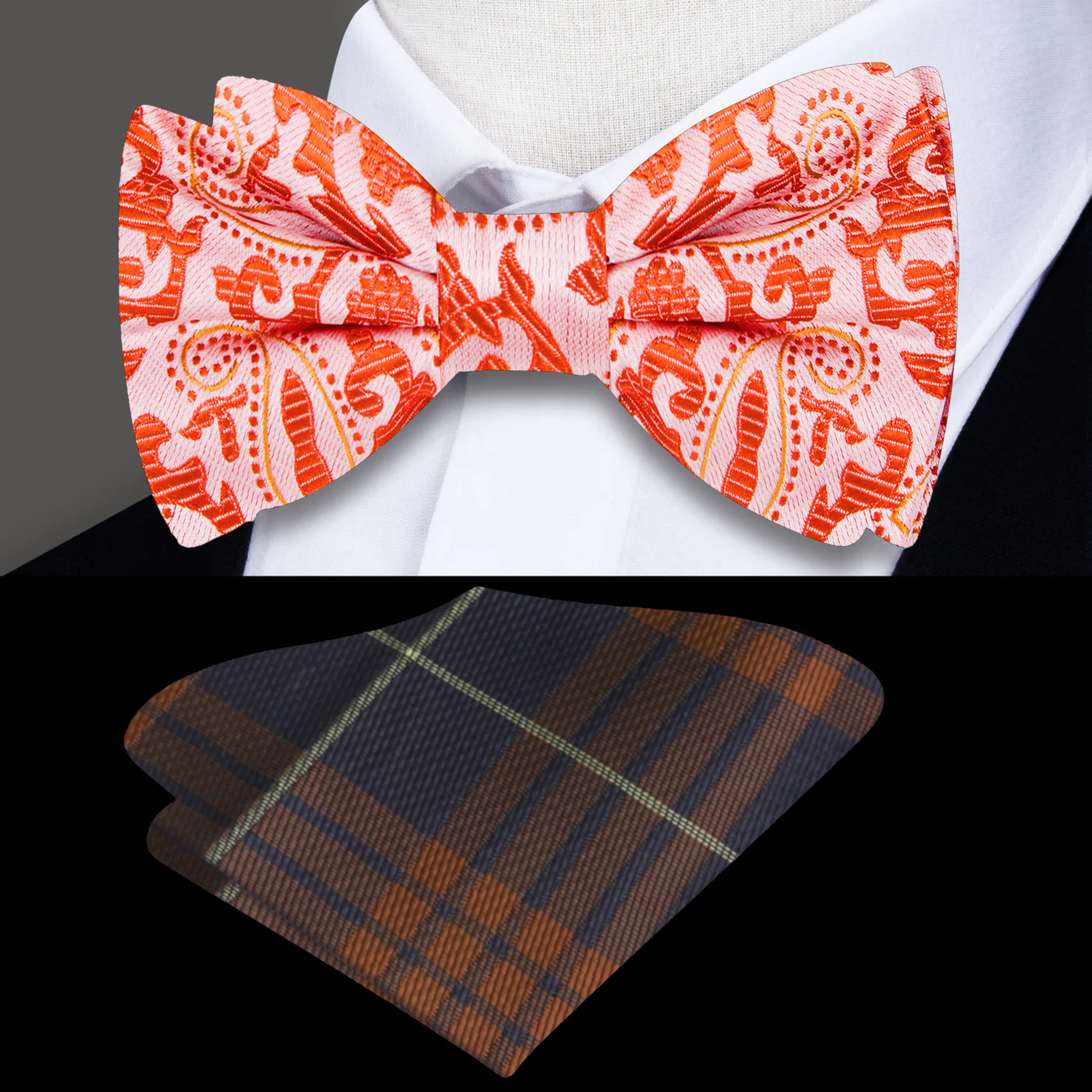 A Coral, Orange Paisley Pattern Silk Bow Tie, Plaid Matching Pocket Square