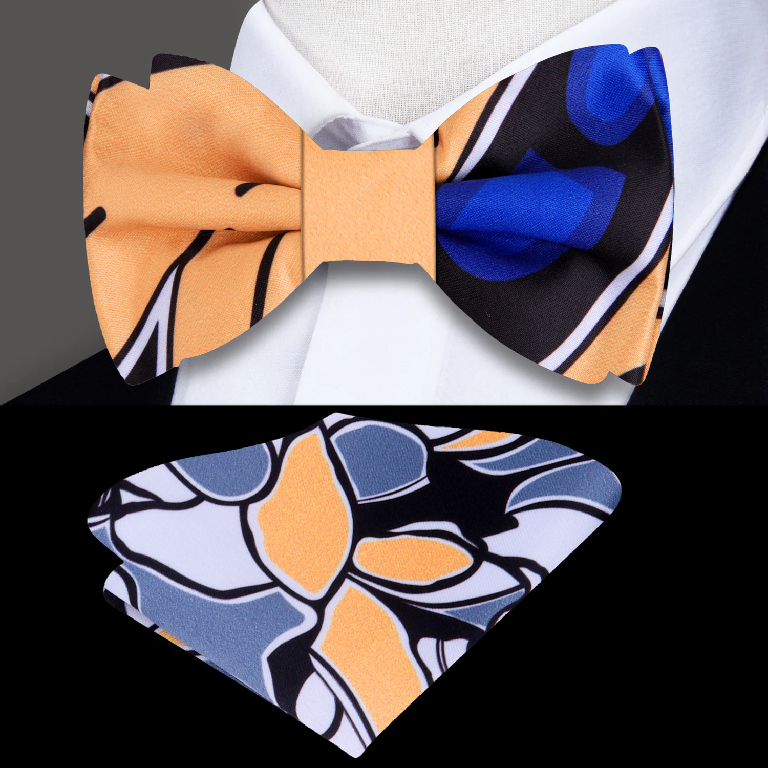 Cream, Blue, Black, White Paisley Bow Tie and Accenting Pocket Square