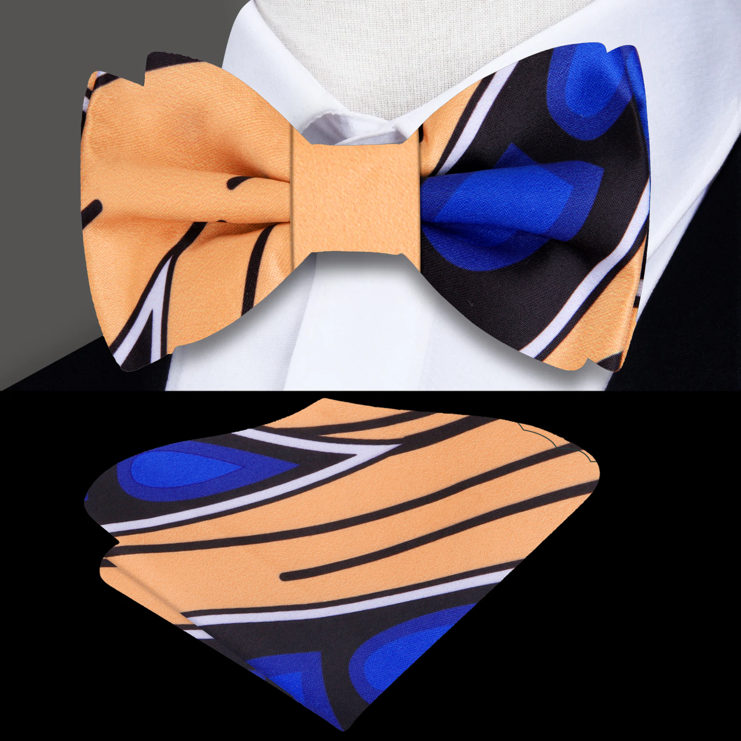 Cream, Blue, Black, White Paisley Bow Tie and Pocket Square