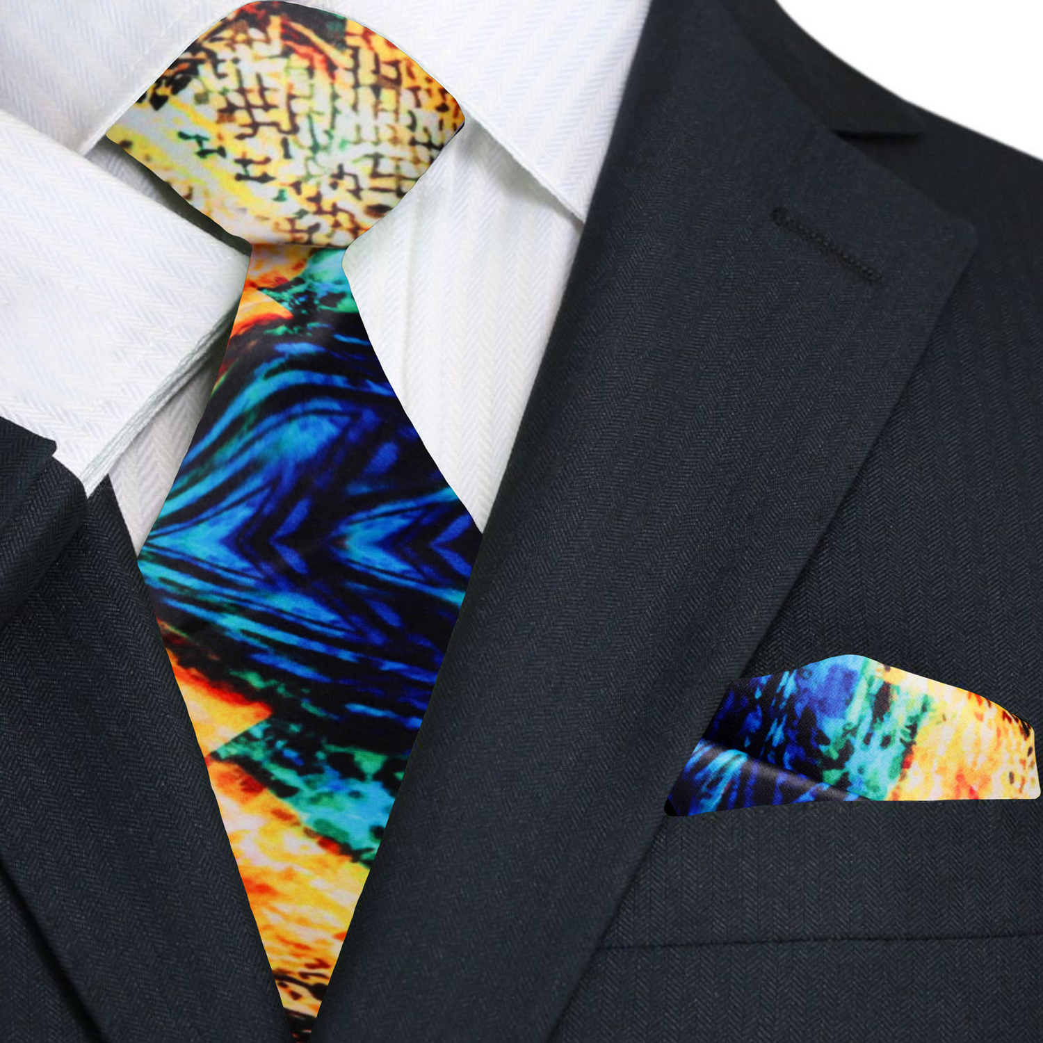 Blue, Yellow, Orange, Brown, Green abstract tie and square