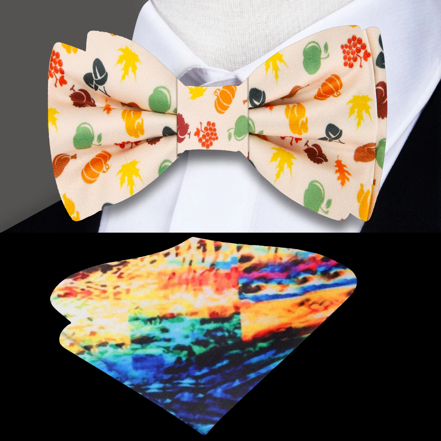 Cream Orange Green Red Brown Red Thanksgiving Cornucopia Bow Tie and Accenting Square