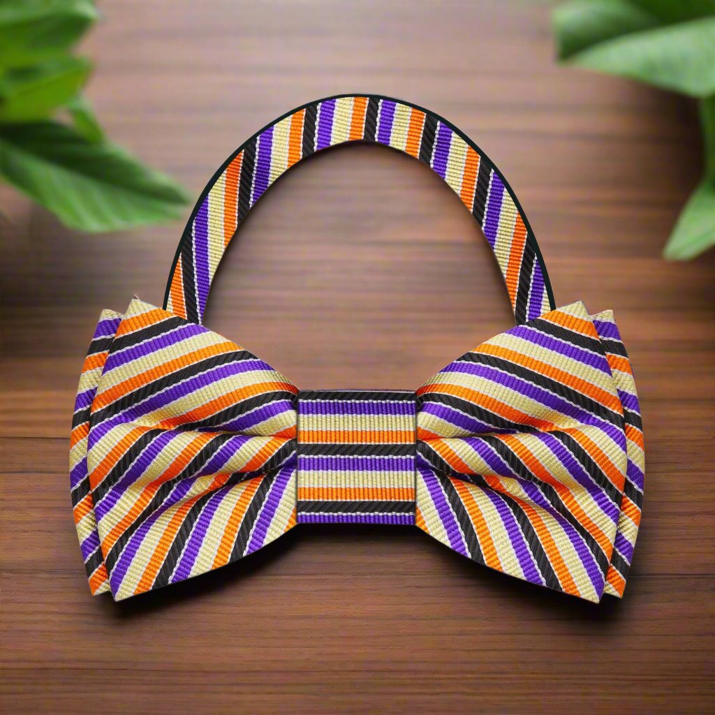 Cream Black Purple Orange Stripe Bow Tie Pre Tie