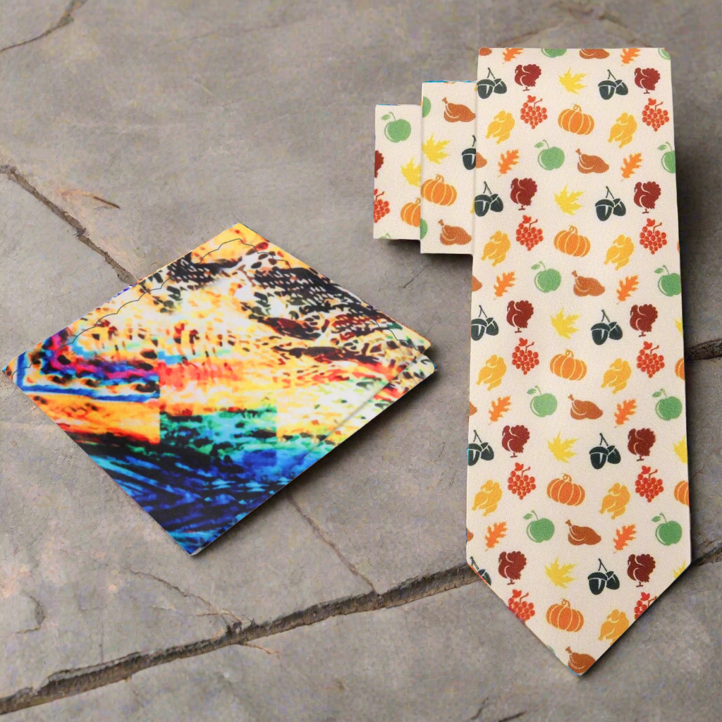 alt Premium Cream, Orange, Green, Purple, Red Pumpkins, Turkey, Apple, Acorn Tie And Accenting Pocket Square