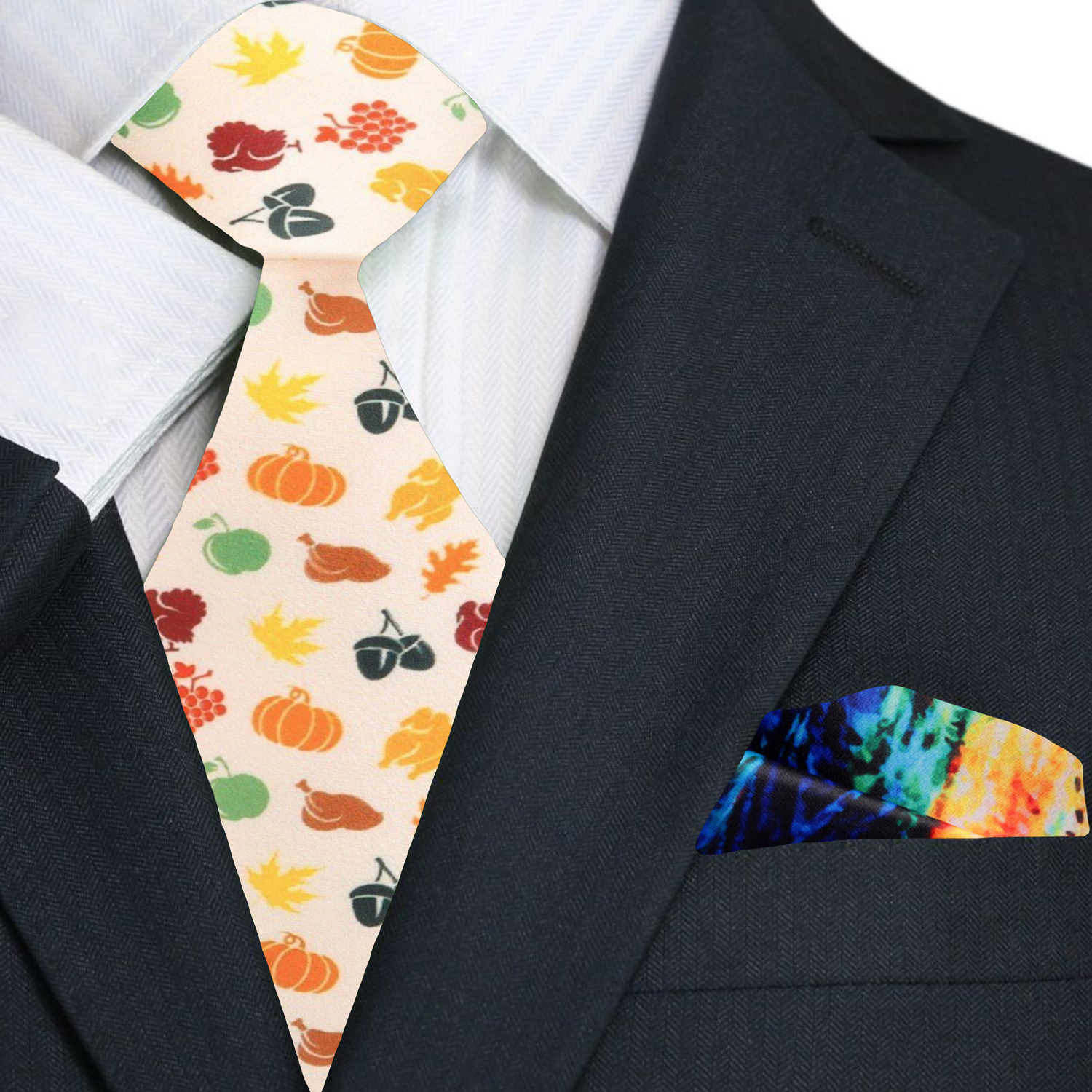 Premium Cream, Orange, Green, Purple, Red Pumpkins, Turkey, Apple, Acorn Tie And Accenting Pocket Square