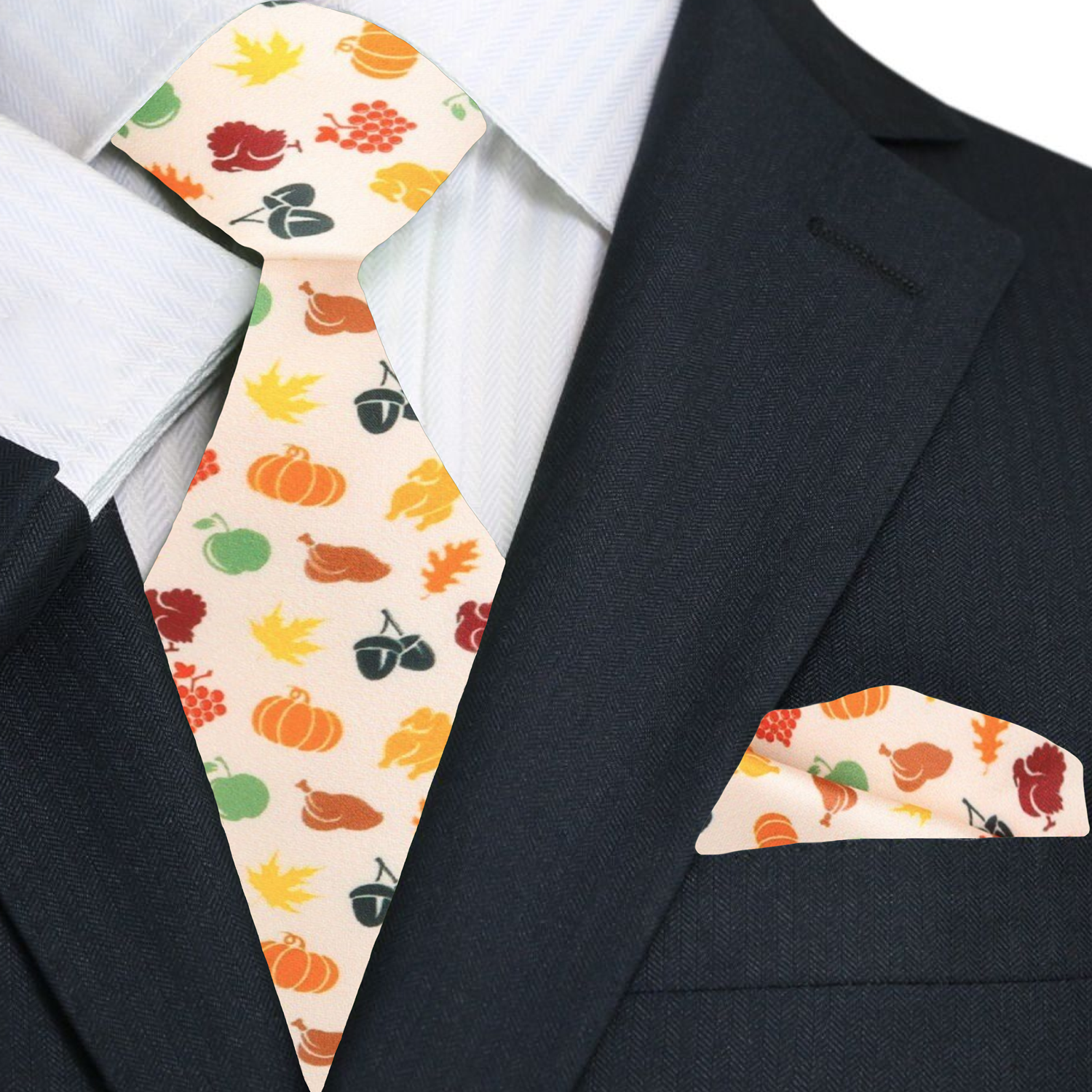 Premium Cream, Orange, Green, Purple, Red Pumpkins, Turkey, Apple, Acorn Tie And Pocket Square