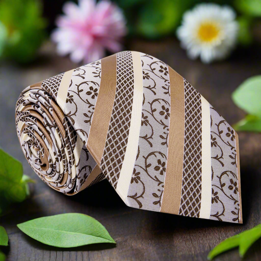 Cream, Light Brown, Golden Brown Stripe and Vine Necktie