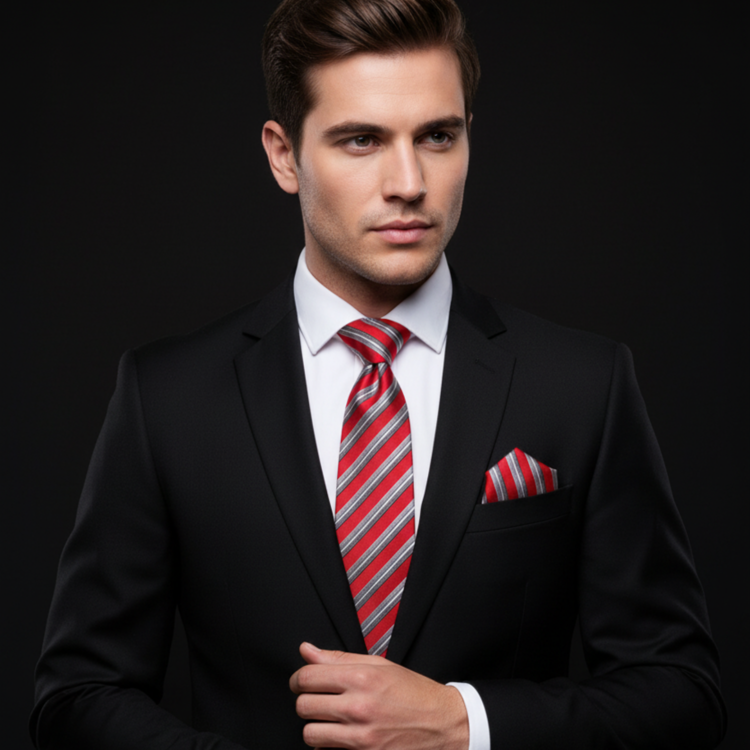 Man wearing red striped tie and matching square