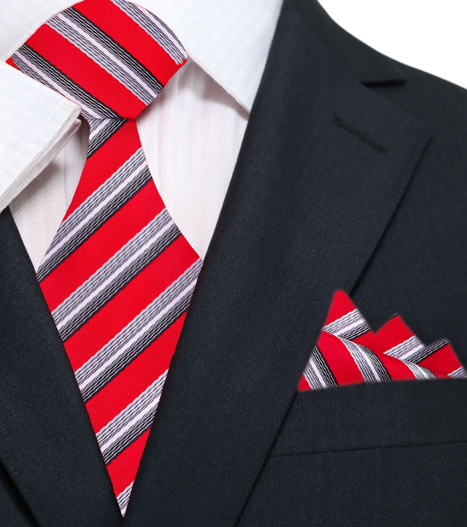 Red, Grey Stripe Tie and Pocket Square