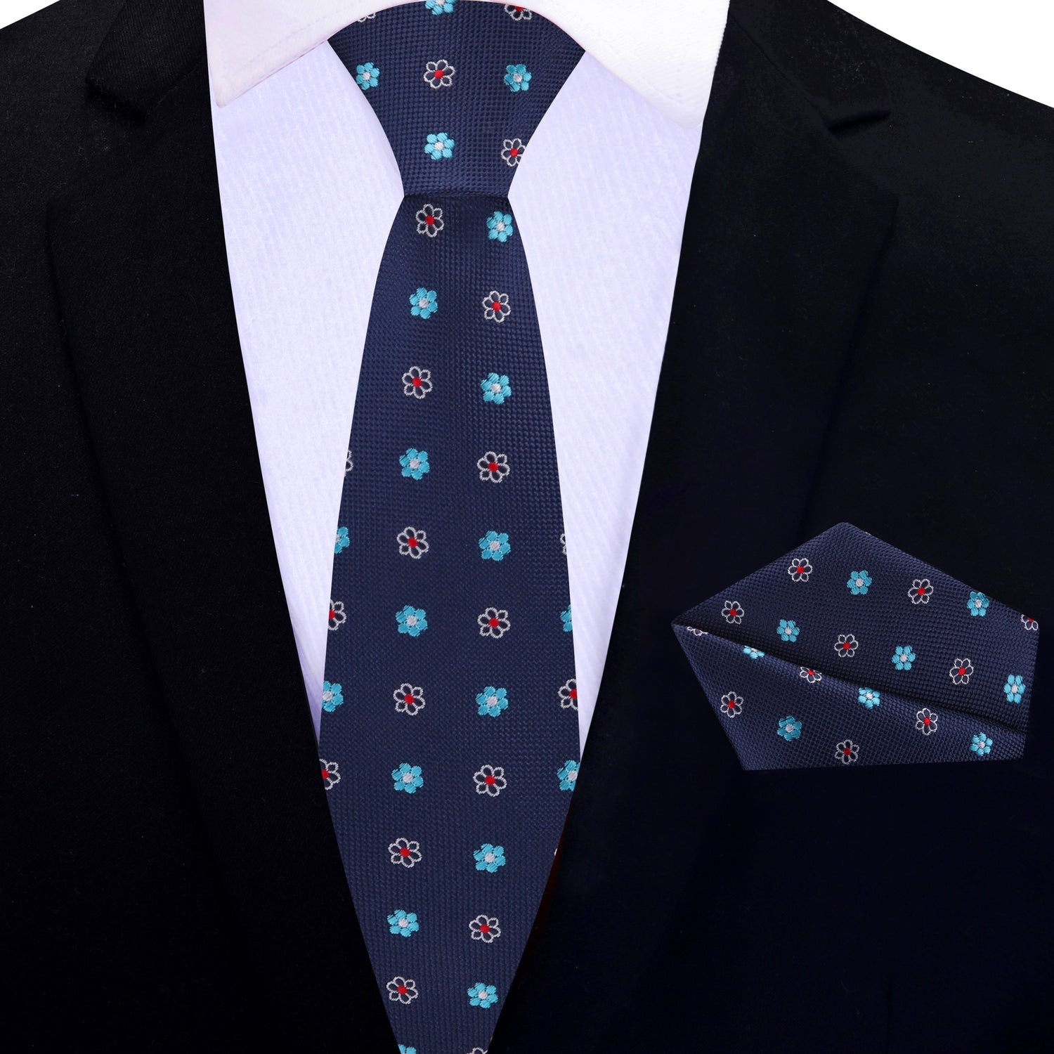 Thin tie: Blue Small Flower Necktie and Pocket Square