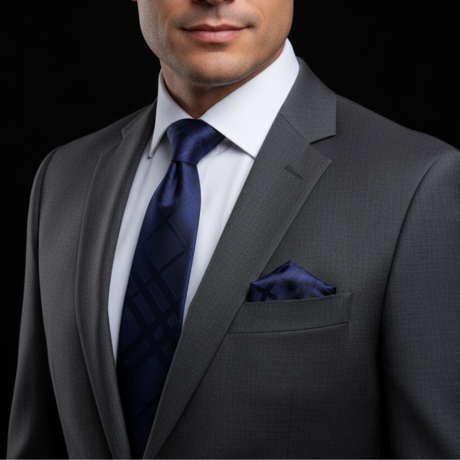 Man wearing blue tie and square