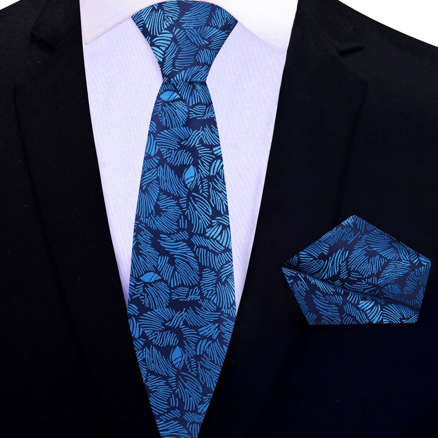 Thin Tie: Dark Blue with Light Blue Palm Leaves with Matching Square