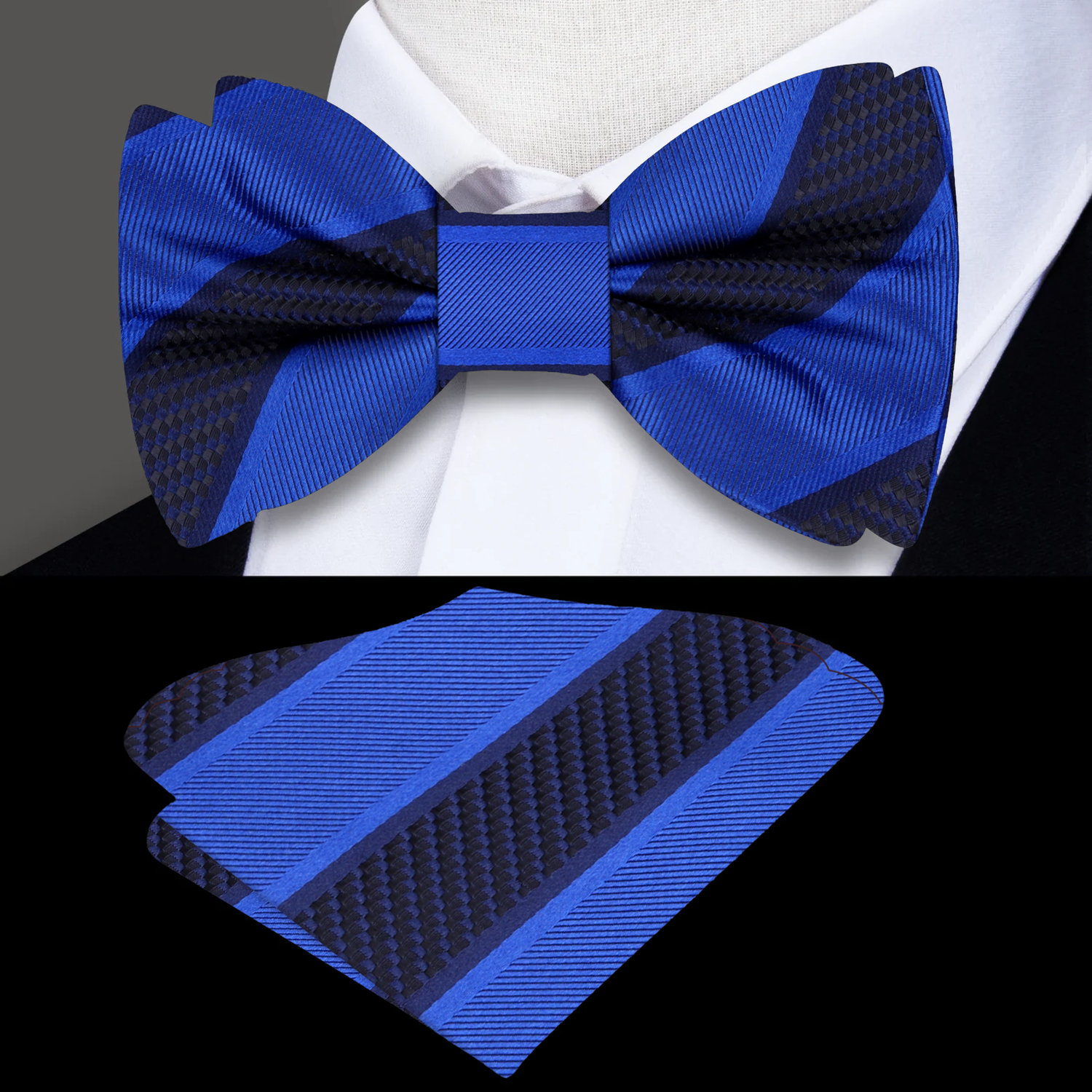 Dark Blue Block Stripe Bow Tie and Square