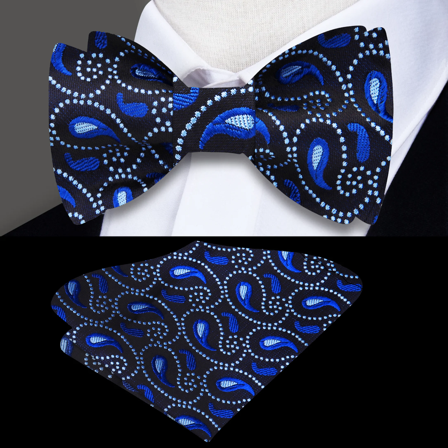Blue Paisley Self Tie Bow Tie and Matching Square