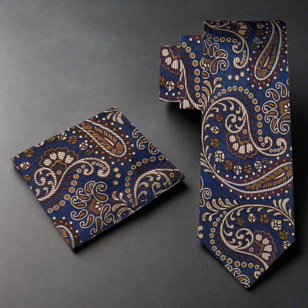 Alt paisley tie with blue, brown, and beige pattern and matching square