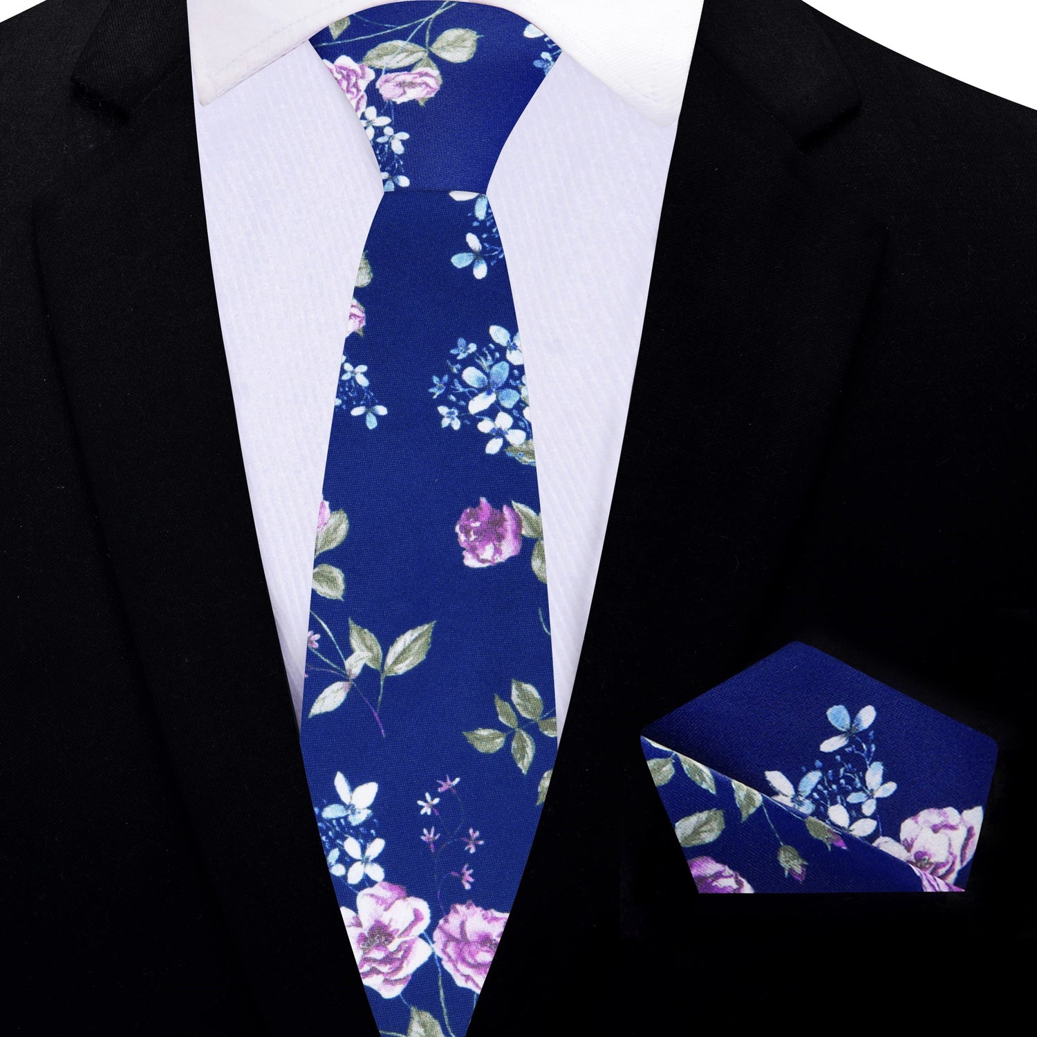 Thin Tie: Blue, Green, White Flowers Necktie and Matching Square